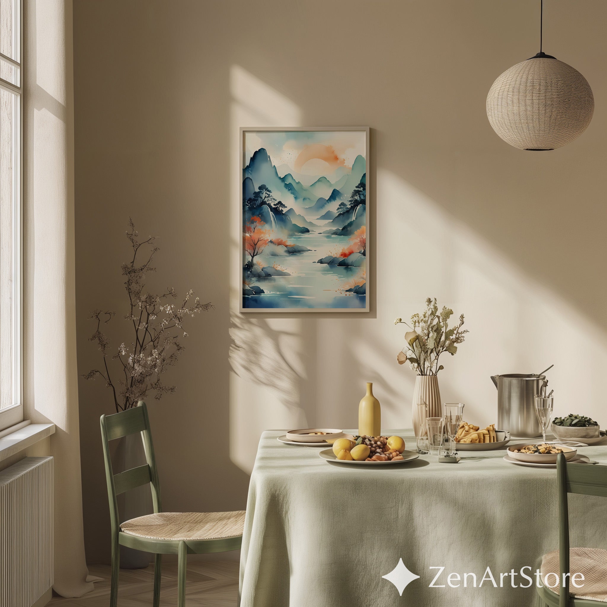 Watercolor Mountain Landscape Print - Serene Japandi Zen River Wall Art in Blue Teal & Peach - Calming Modern Home Decor