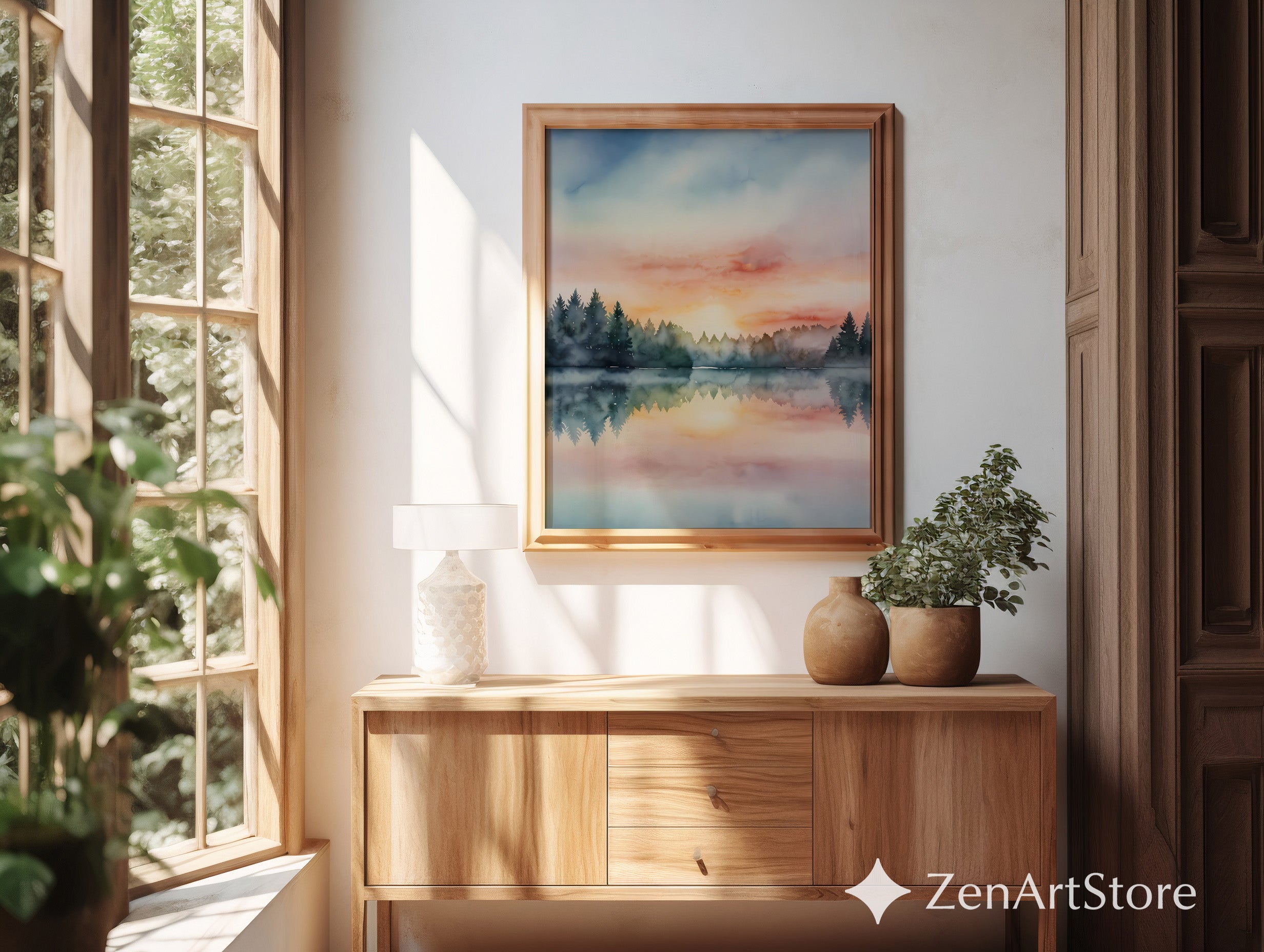 Serene Forest Lake Watercolor Sunset Print - Pastel Landscape Wall Art for Living Room & Bedroom, Japandi Minimal Decor