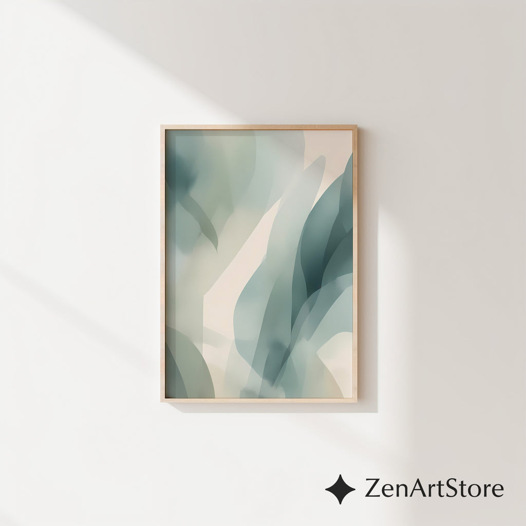 Muted Green Abstract Botanical Wall Art | Minimalist Japandi Print for Calm Neutral Home Decor, Printable & Canvas Ready