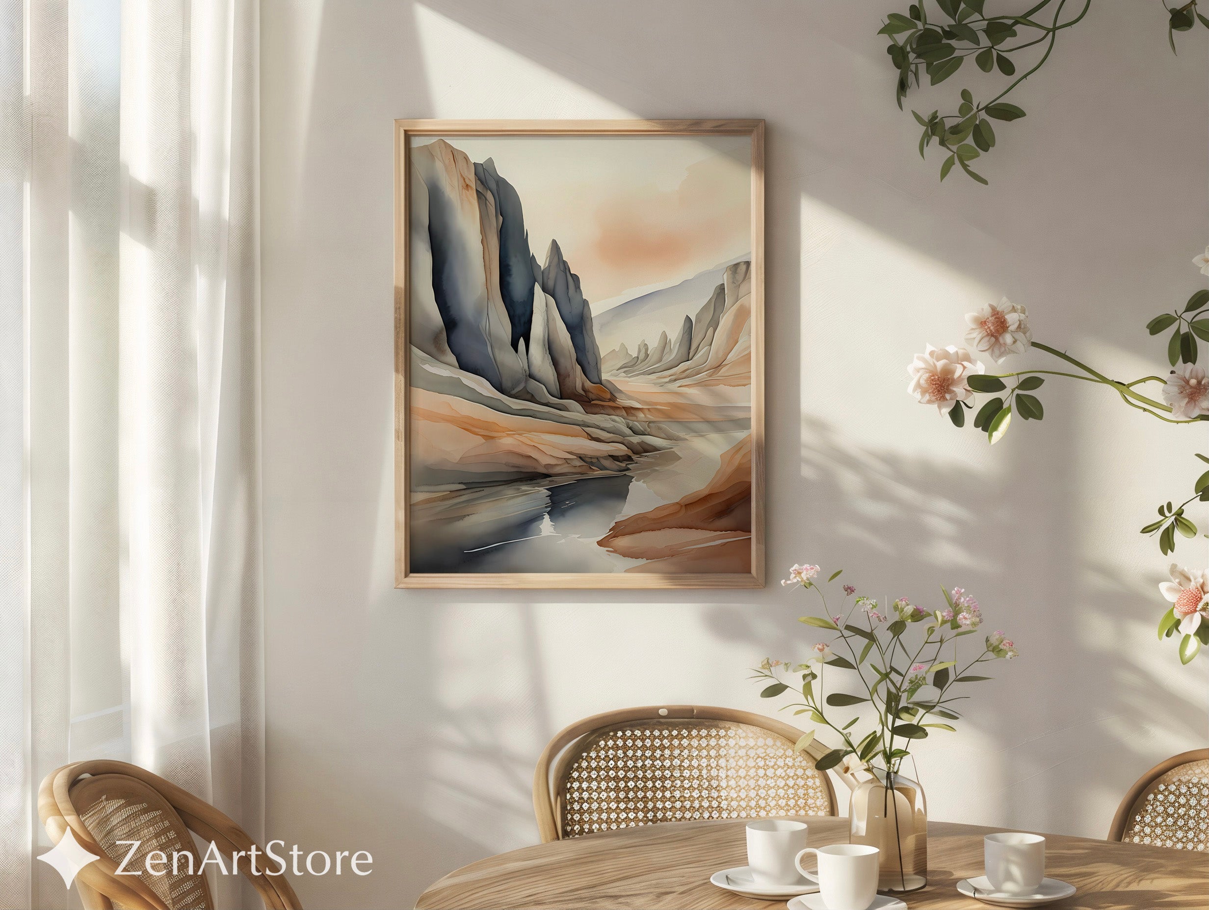 Neutral Abstract Landscape Art Print — Japandi Minimalist Mountain Wall Art, Beige & Slate Home Decor