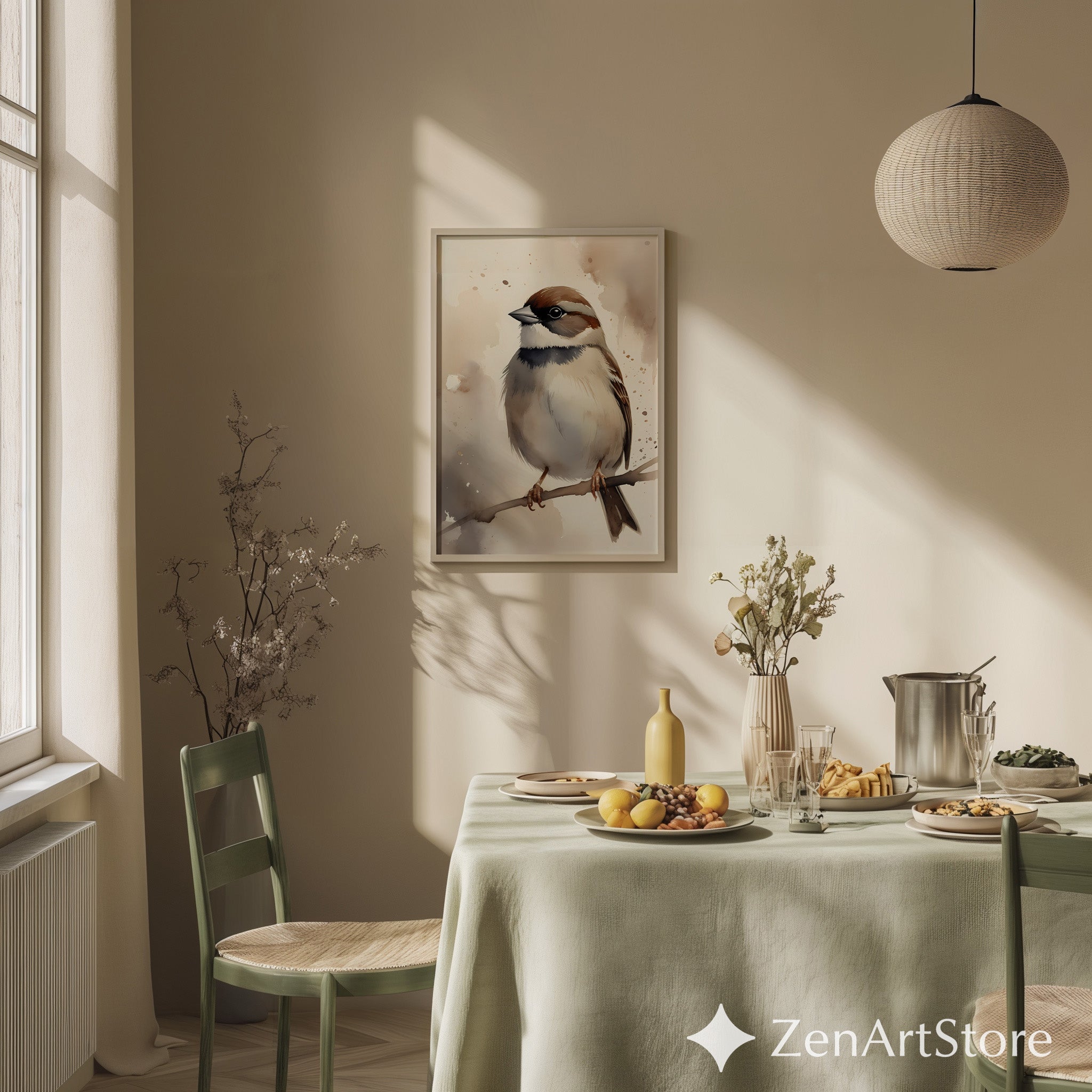Neutral Sparrow Watercolor Art Print - Minimal Bird Wall Decor for Japandi, Scandinavian & Boho Home