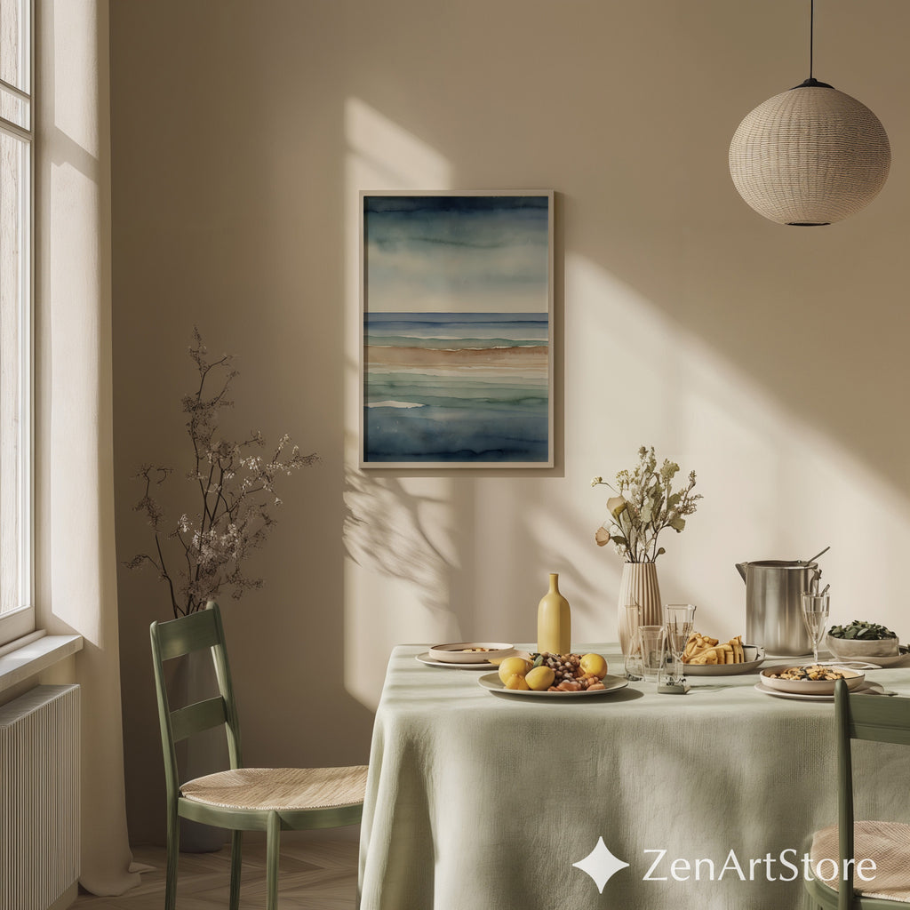 Abstract Coastal Watercolor Print Calm Blue Beige Seascape Minimal Japandi Wall Art Neutral Home Decor