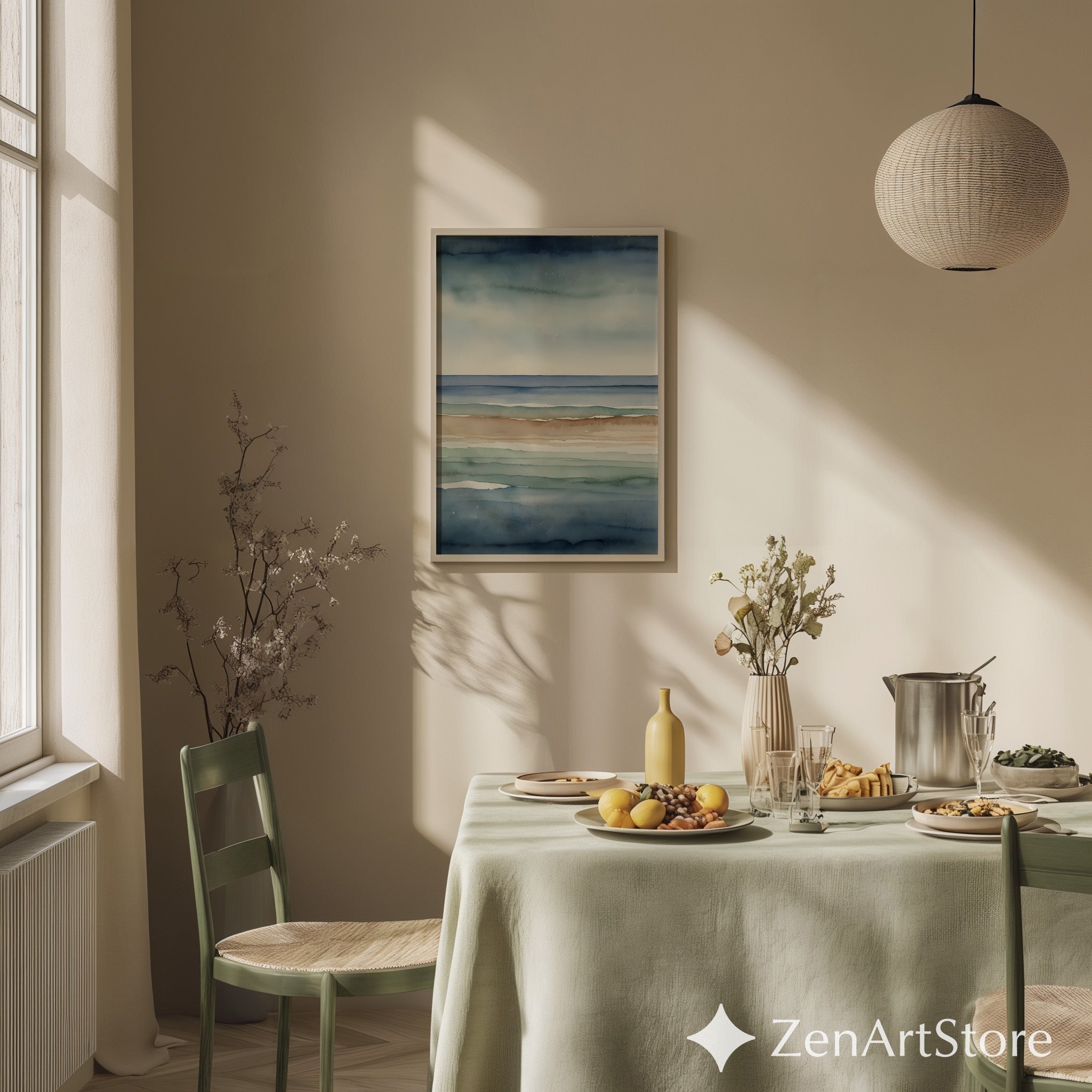 Abstract Coastal Watercolor Print Calm Blue Beige Seascape Minimal Japandi Wall Art Neutral Home Decor