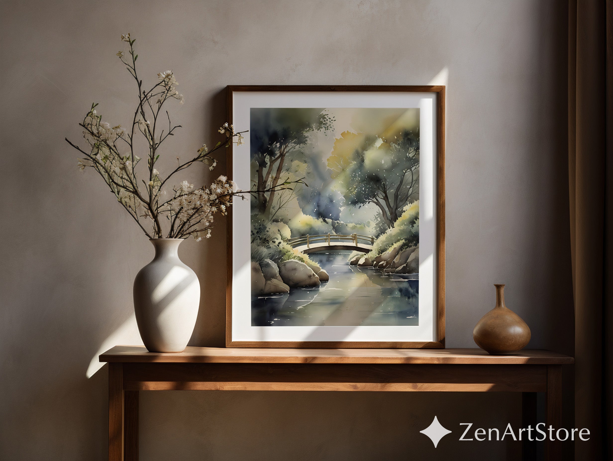Zen Watercolor Bridge Print - Serene Forest Landscape Art, Japandi Neutral Wall Decor, Calming Giclée or Digital Download