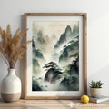Misty Mountain Landscape Print - Zen Ink-Wash Wall Art for Living Room Japandi Neutral Home Decor