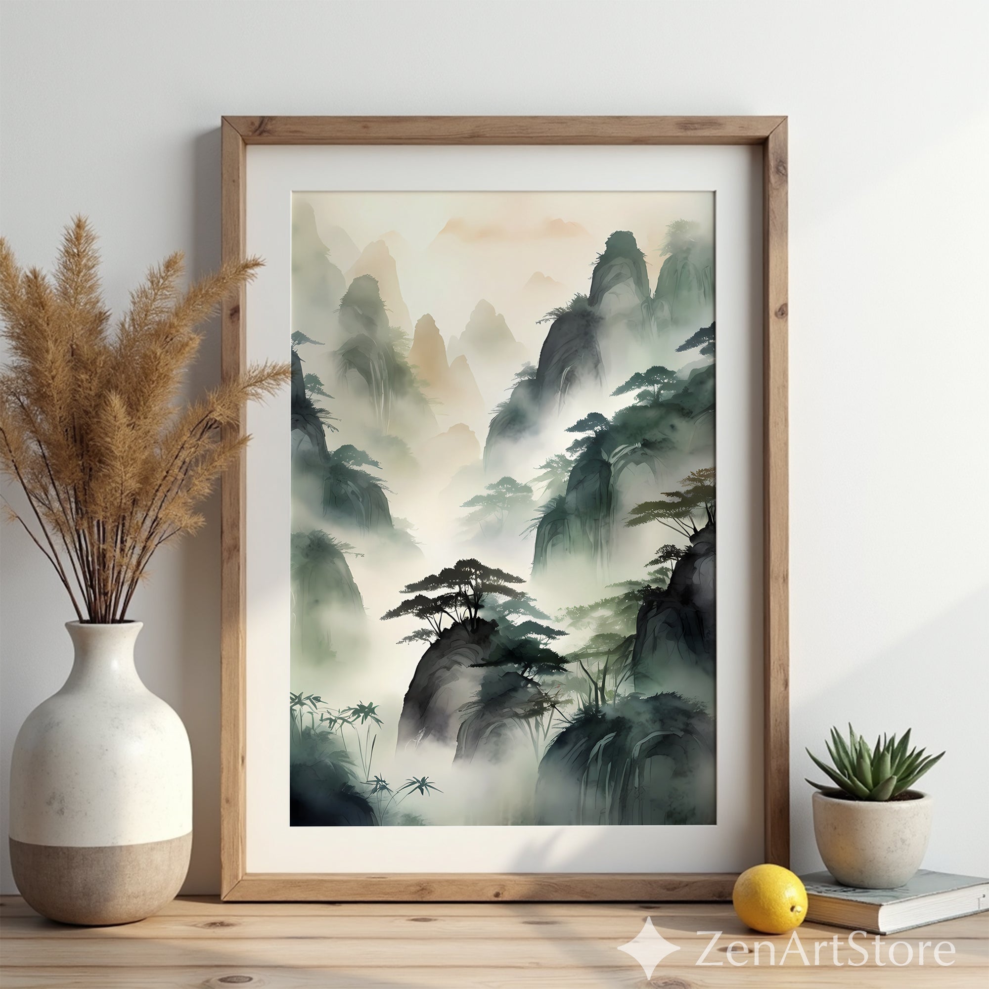 Misty Mountain Landscape Print - Zen Ink-Wash Wall Art for Living Room Japandi Neutral Home Decor