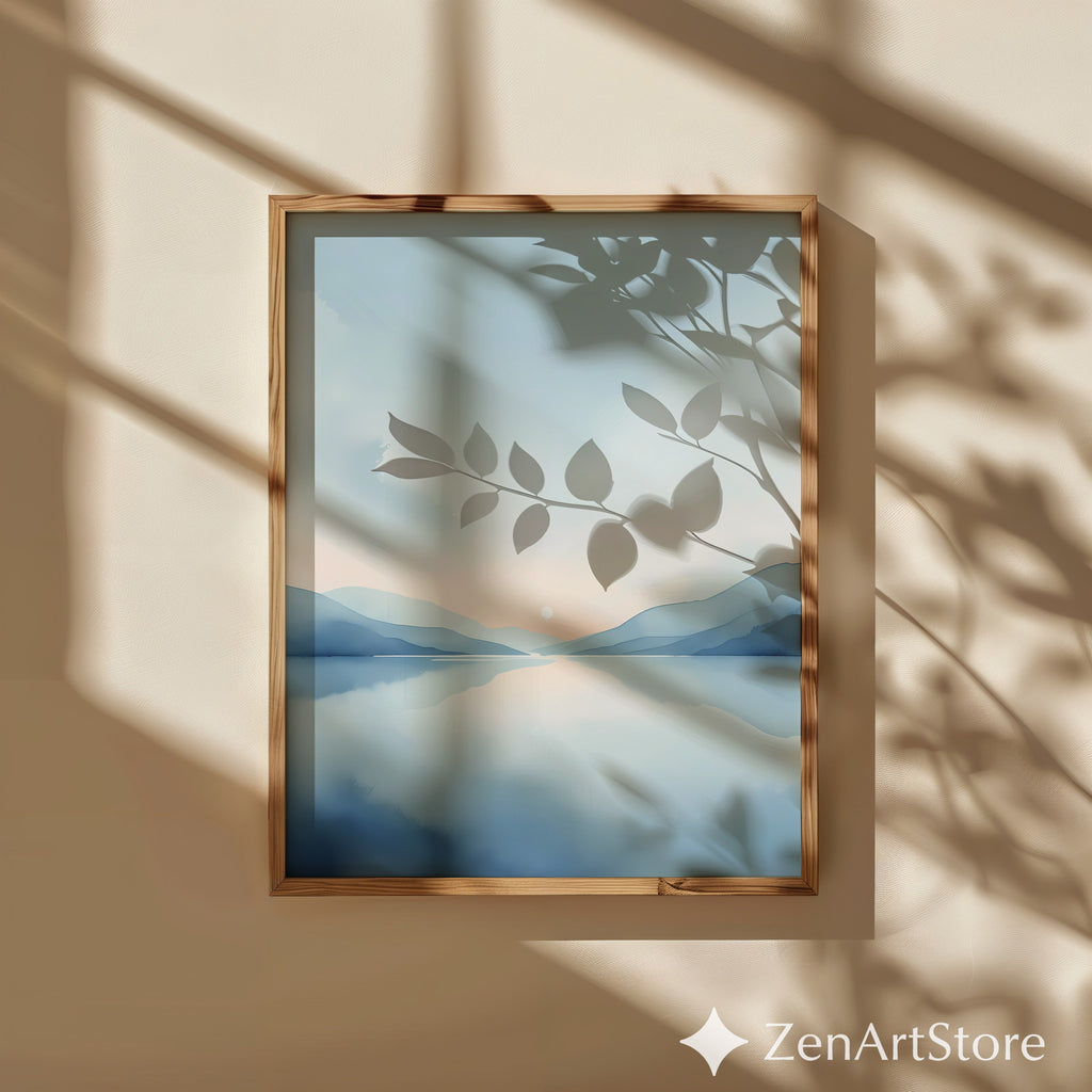 Minimal Blue Landscape Wall Art Calm Sunrise Lake Print - Japandi Scandinavian Abstract Printable & Framed Home Decor