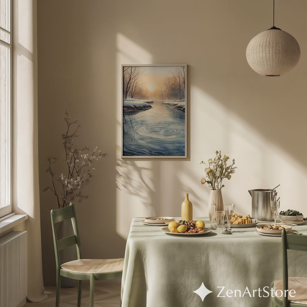 Winter River Sunrise Print - Minimal Scandinavian Landscape Wall Art, Neutral Japandi Zen Home Decor