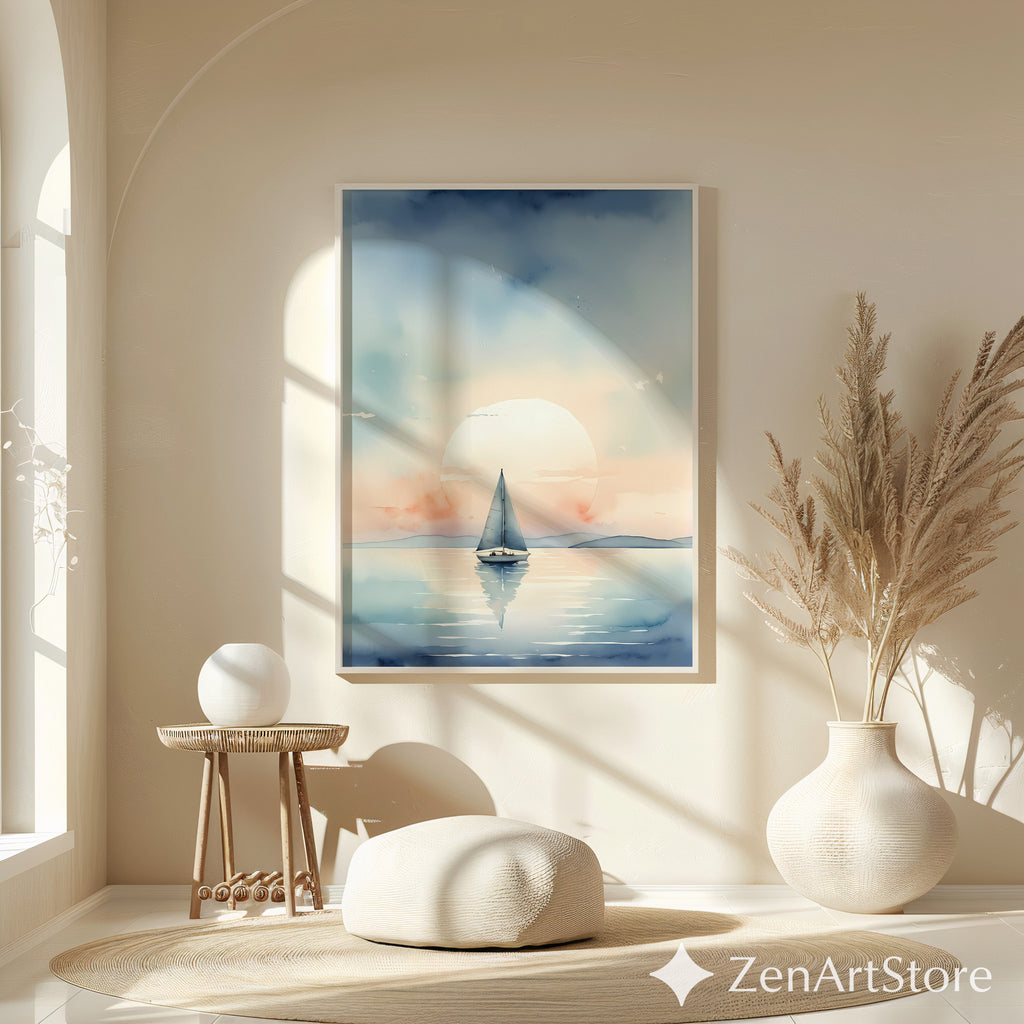 Calm Sailboat Watercolor Print - Serene Sunset Nautical Wall Art for Coastal Home