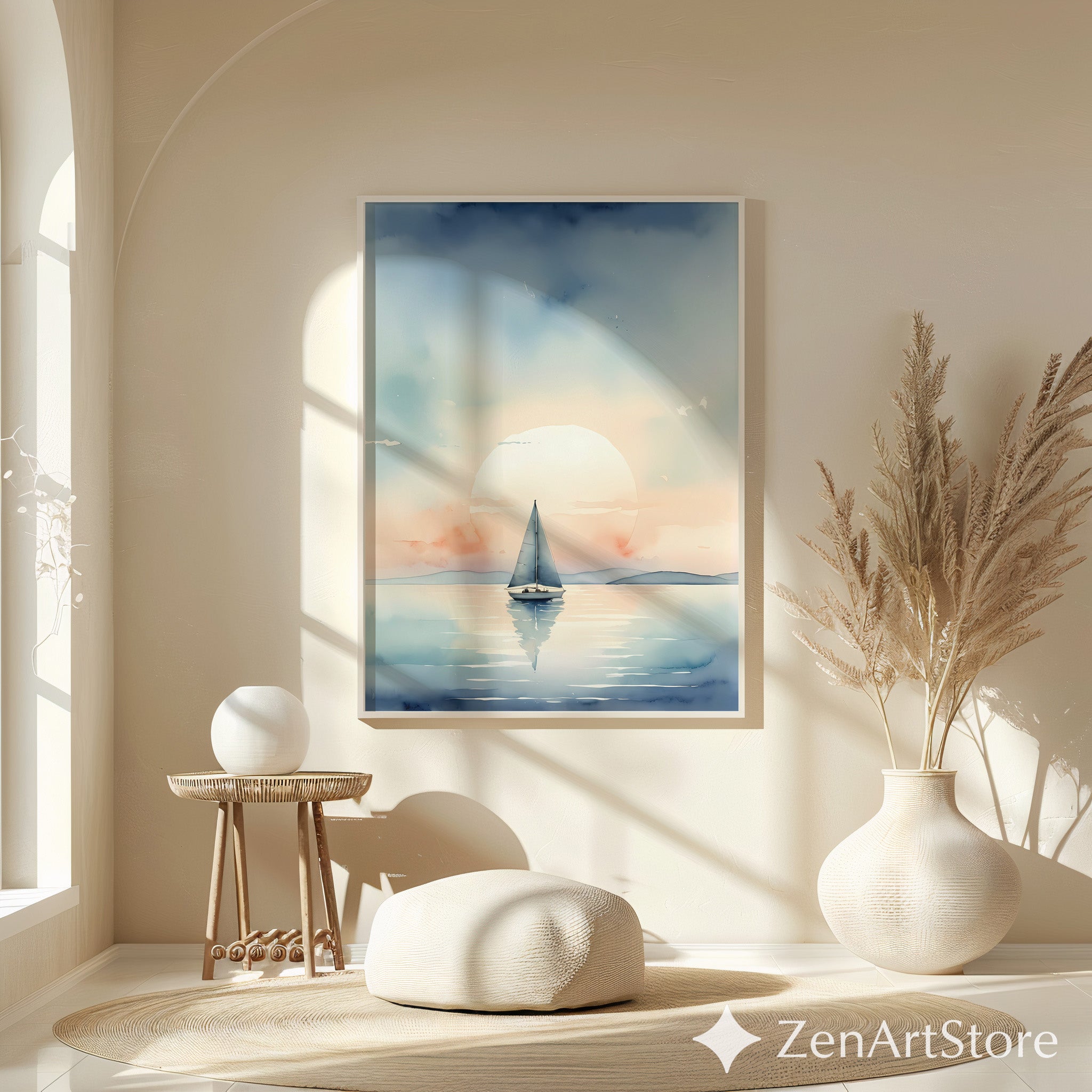Calm Sailboat Watercolor Print - Serene Sunset Nautical Wall Art for Coastal Home