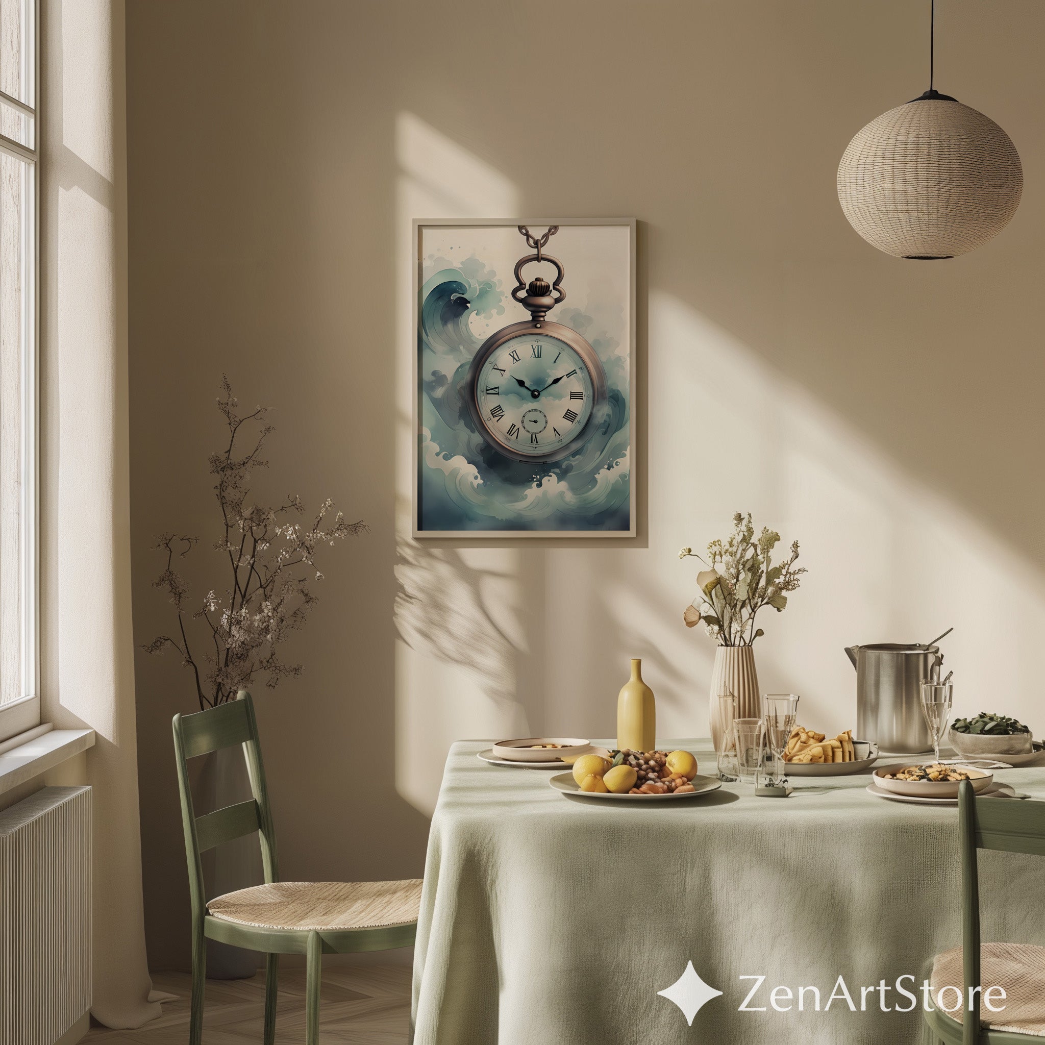 Vintage Pocket Watch Ocean Waves Print - Nautical Wall Art, Serene Blue Timepiece for Coastal, Japandi & Scandinavian Decor