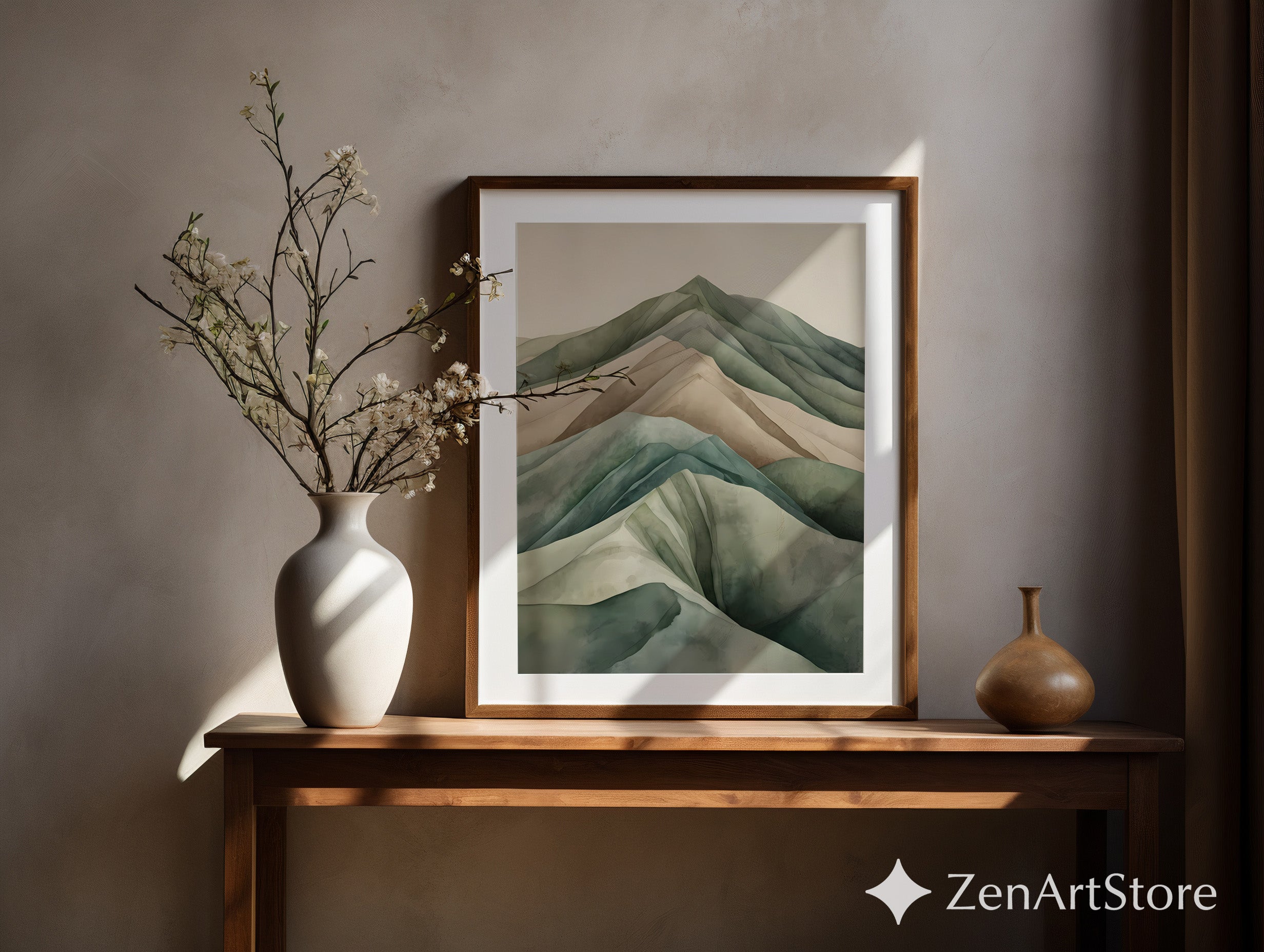 Calm Minimal Mountain Wall Art - Neutral Watercolor Landscape Print | Japandi Wabi Sabi Green Beige Modern Home Decor