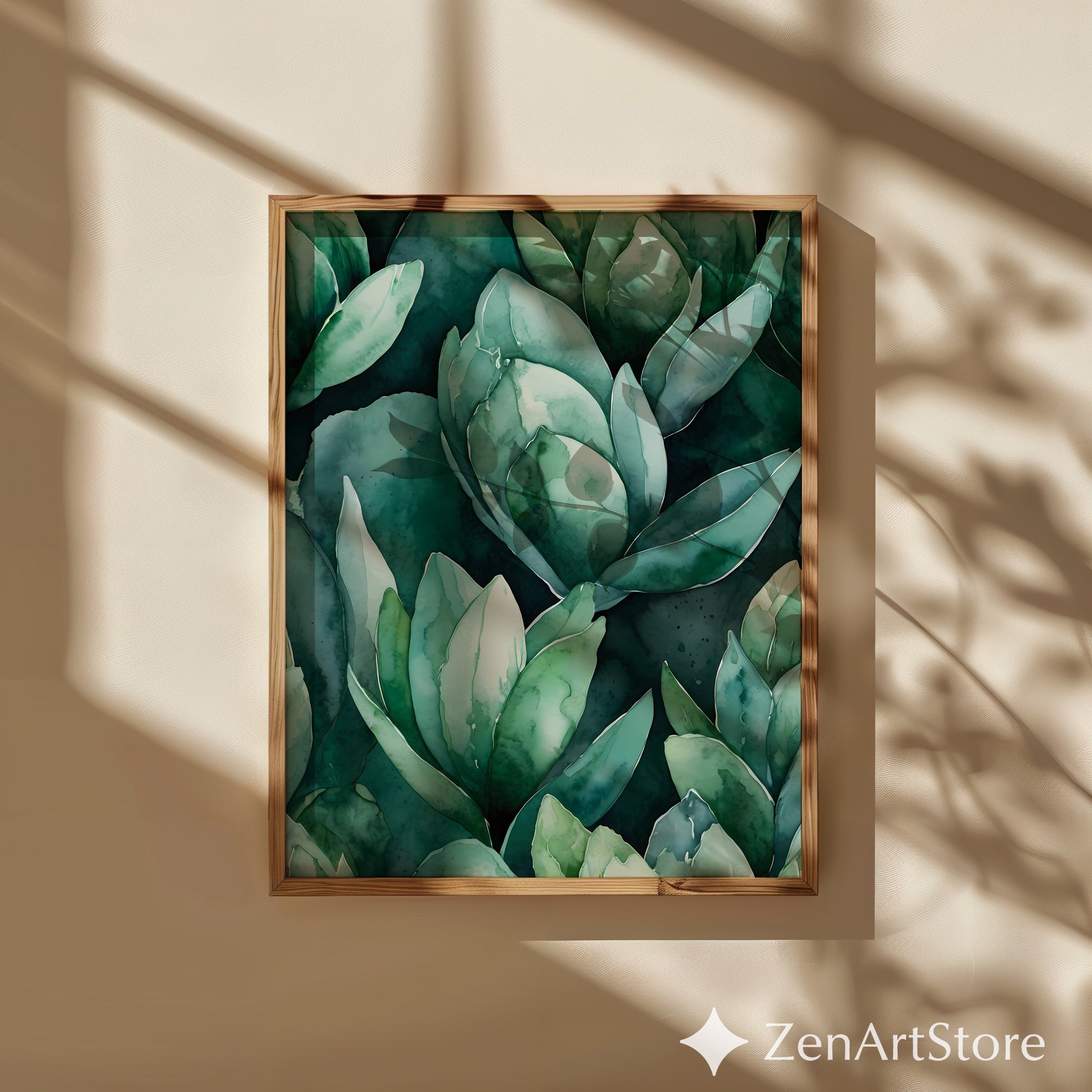 Teal Succulent Watercolor Print - Botanical Green Wall Art, Modern Japandi Printable for Living Room & Bedroom