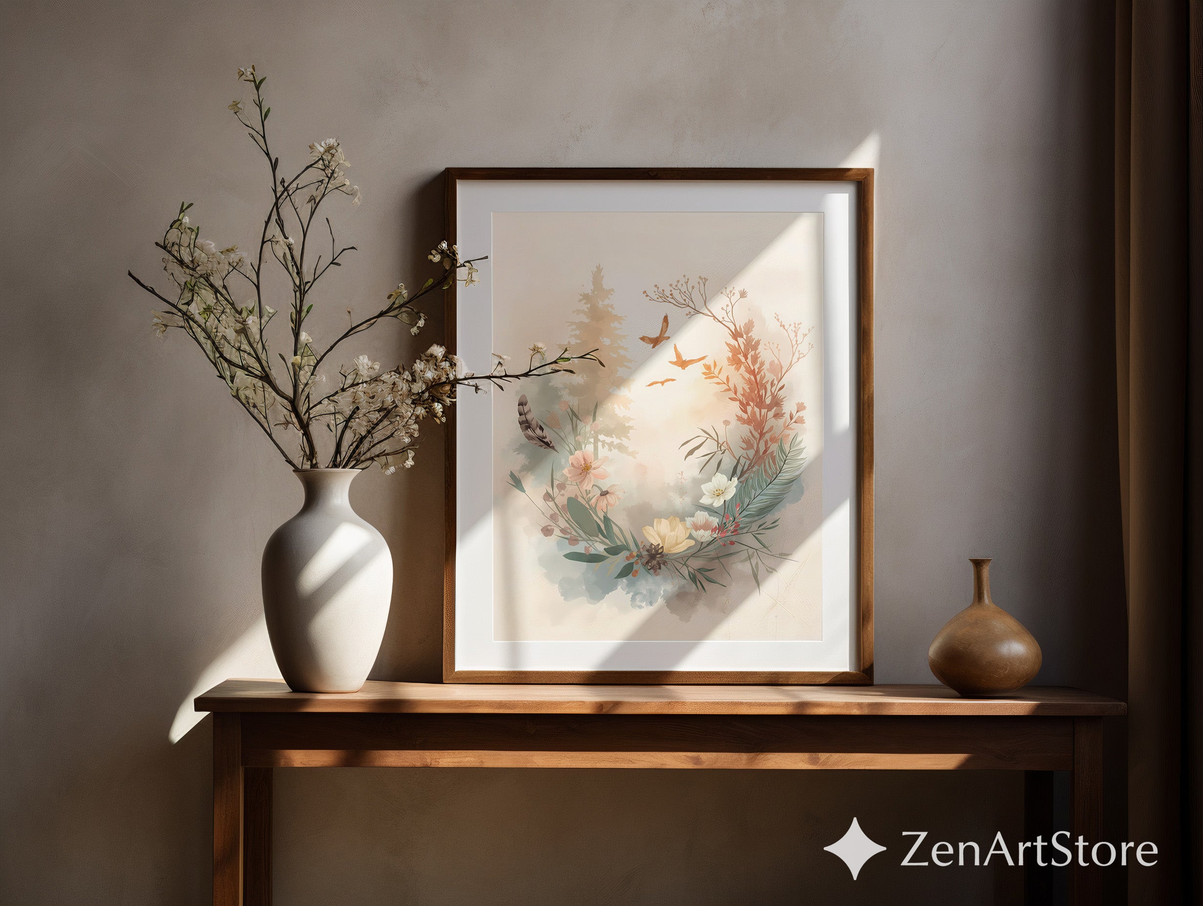 Neutral Watercolor Botanical Wreath Print – Minimal Floral Wall Art for Japandi, Boho, Scandinavian Home Decor