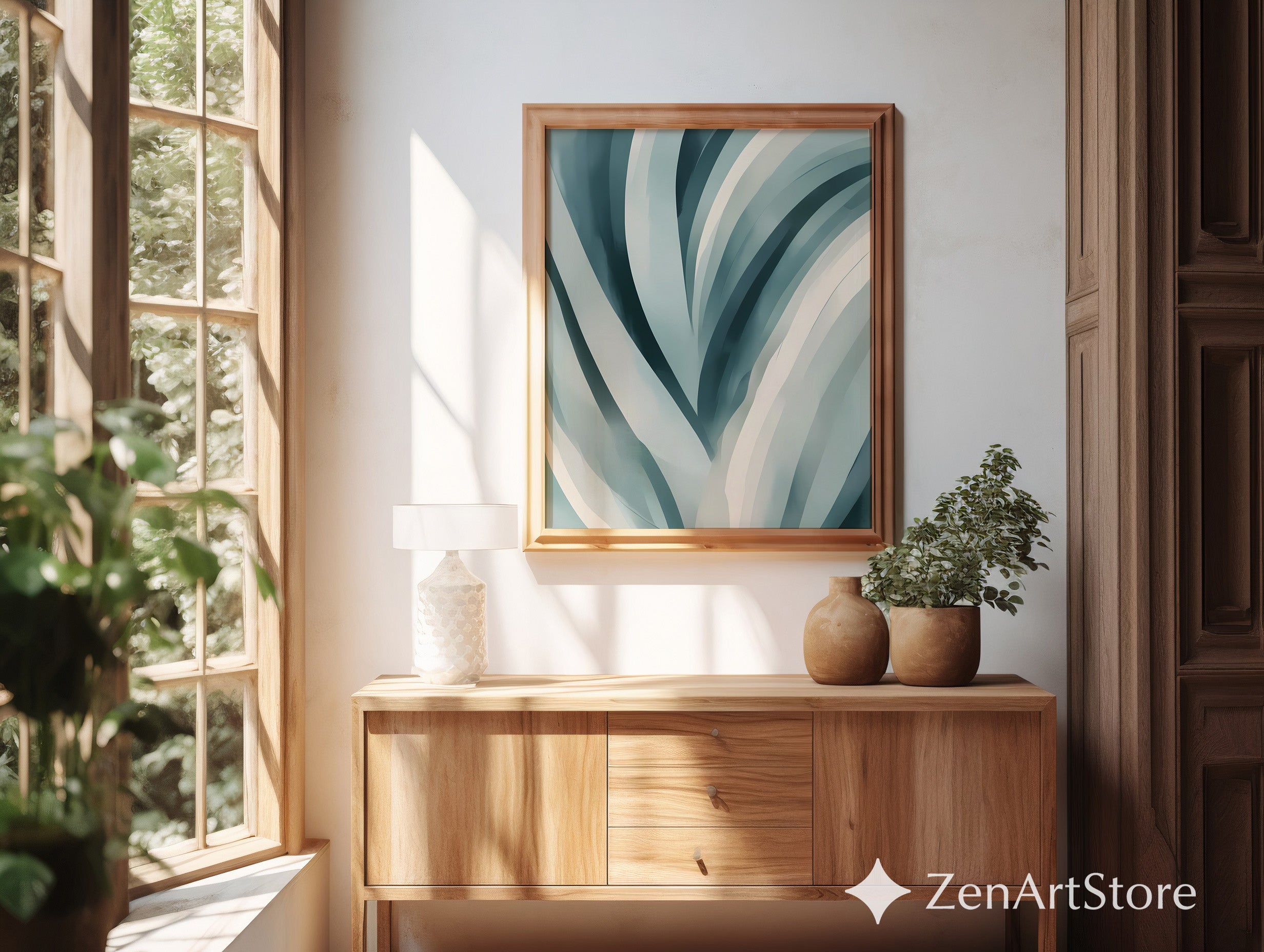 Teal Abstract Botanical Wall Art - Minimal Japandi Blue Green Print for Calm Modern Home Decor