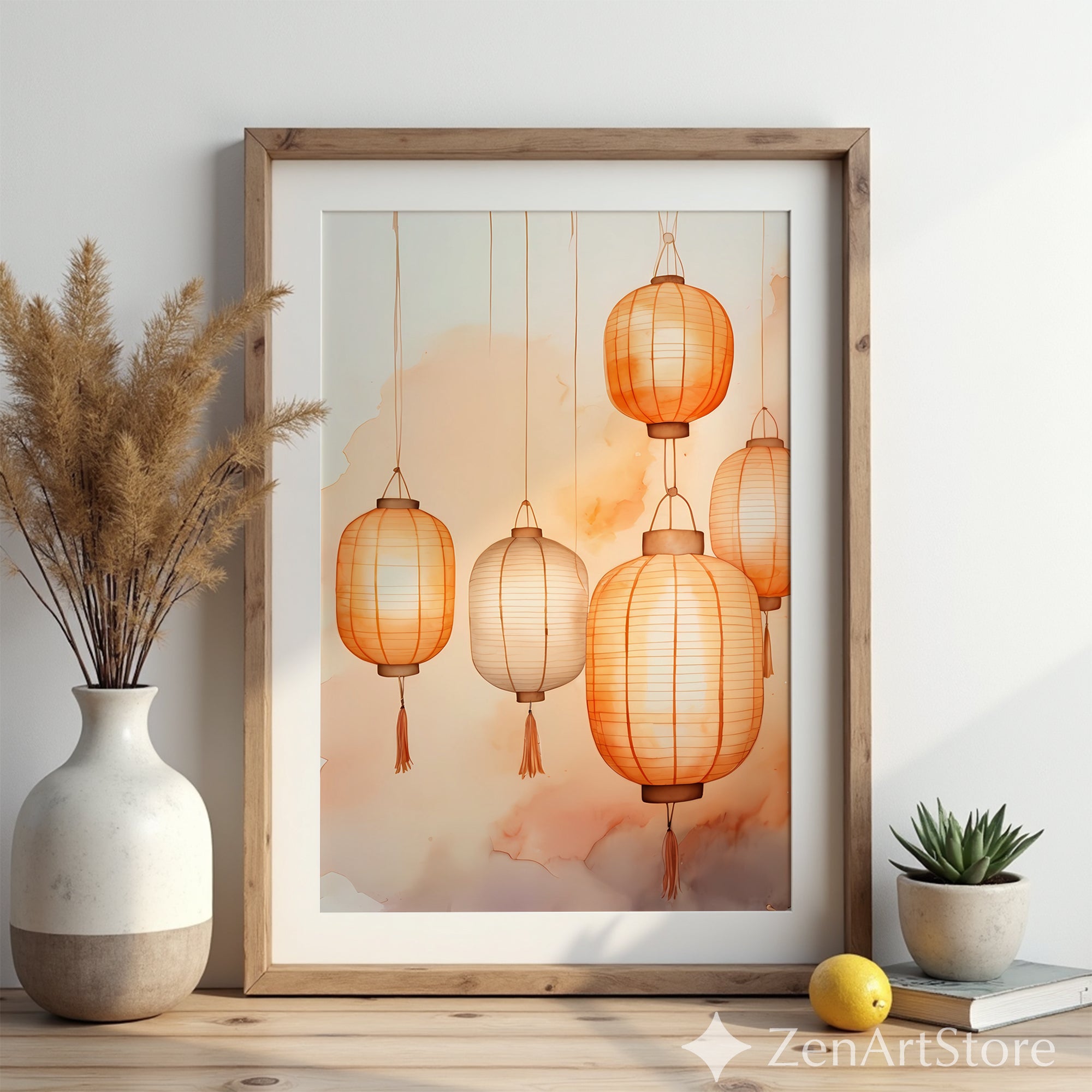 Orange Paper Lantern Wall Art - Minimal Watercolor Lantern Print, Japandi Zen Beige Home Decor