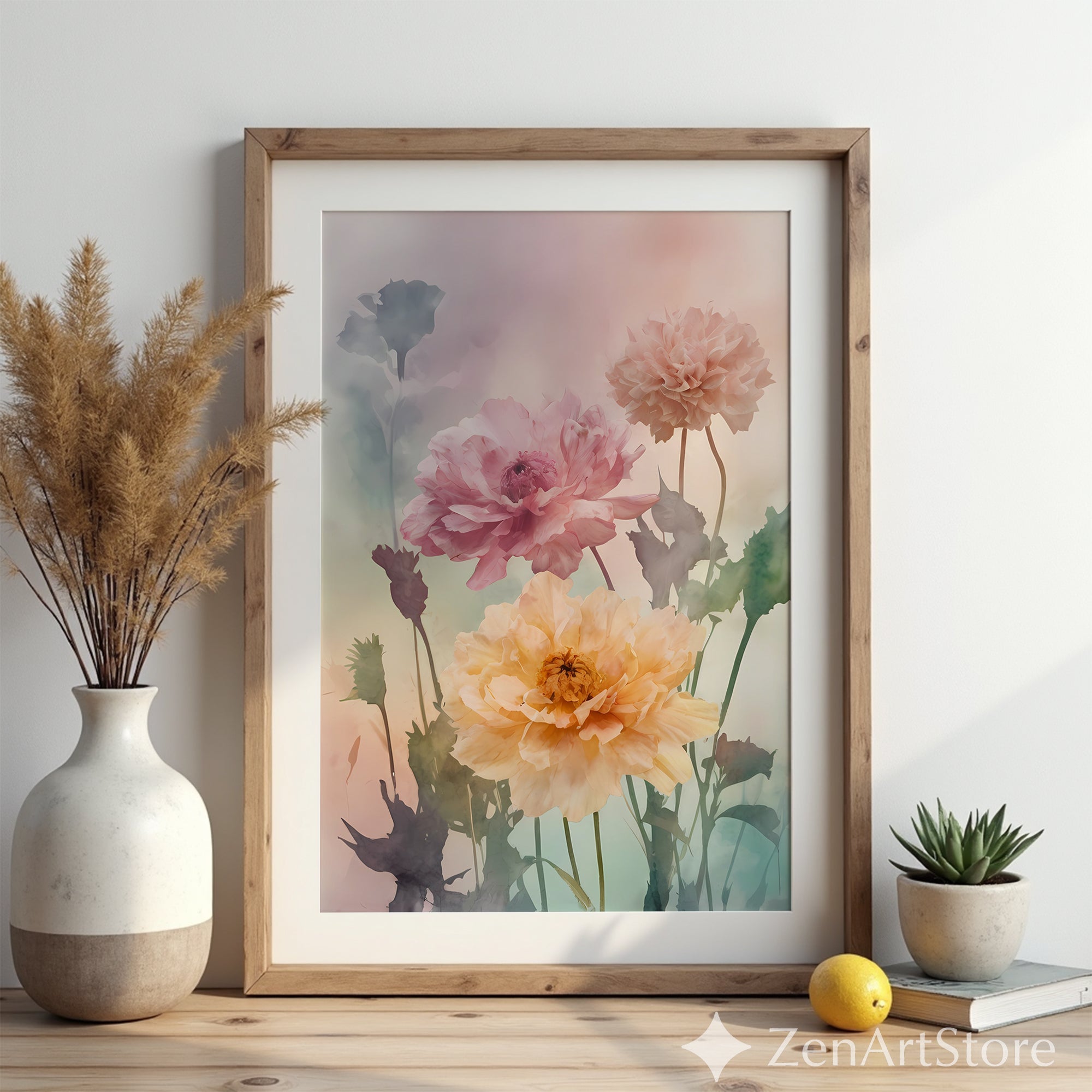 Pastel Peony Watercolor Print - Botanical Wall Art for Living Room, Japandi Scandinavian Minimal Neutral Floral Home Decor