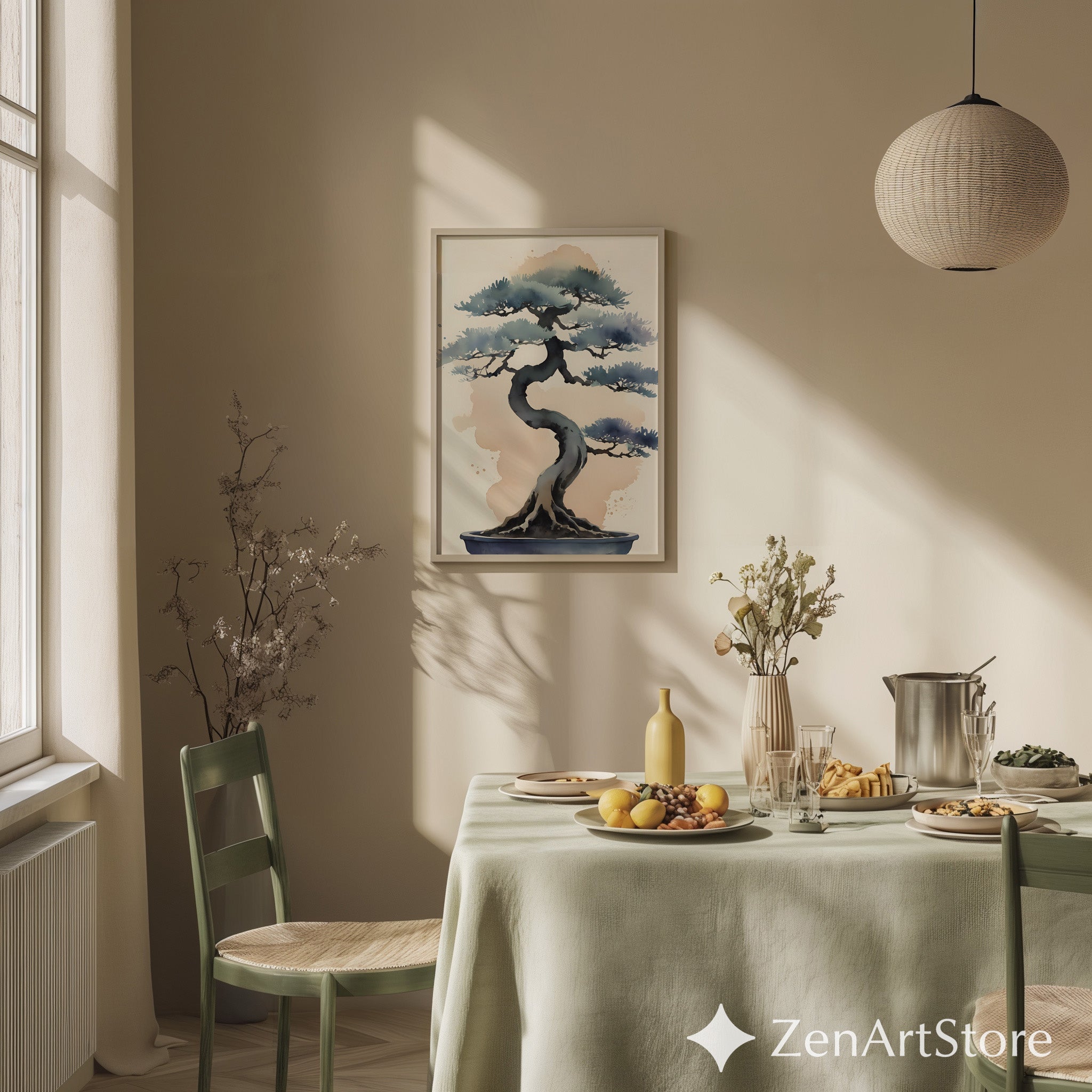 Minimal Bonsai Watercolor Art Print - Japandi Zen Wall Decor, Neutral Blue Beige Botanical Painting for Modern Home