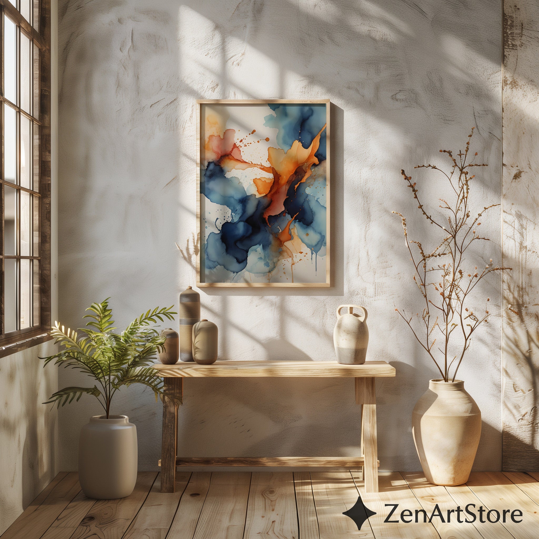 Abstract Navy & Orange Wall Art - Modern Alcohol Ink Print, Large Blue Orange Canvas, Minimal Japandi Home Decor