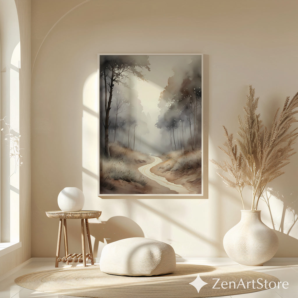 Misty Forest Path Neutral Wall Art Print - Japandi Wabi-Sabi Minimal Landscape for Living Room, Bedroom, Office
