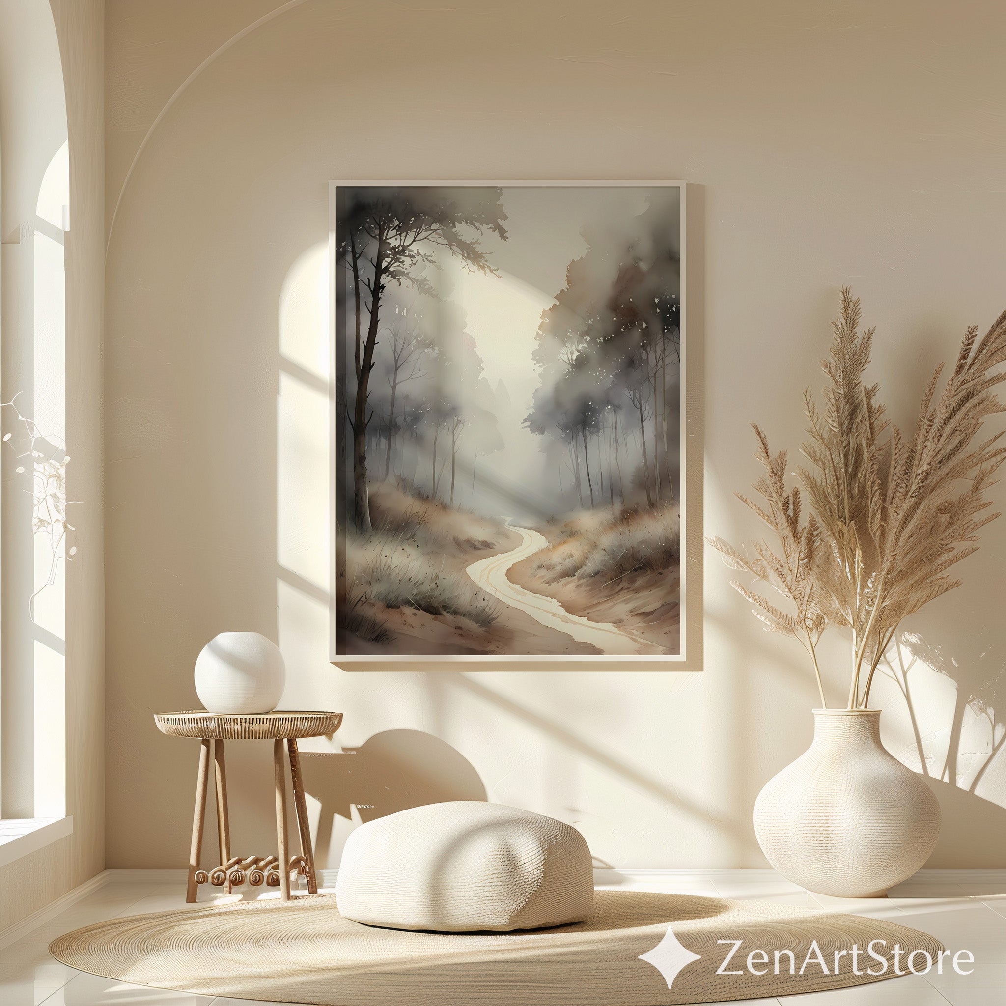 Misty Forest Path Neutral Wall Art Print - Japandi Wabi-Sabi Minimal Landscape for Living Room, Bedroom, Office