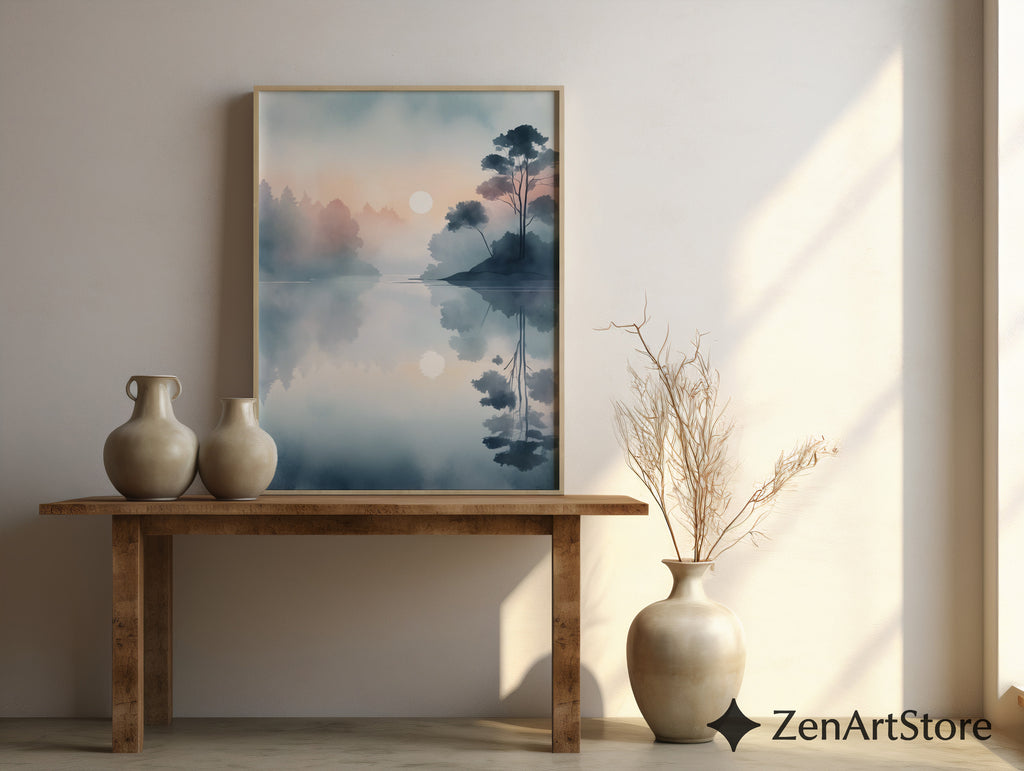 Misty Lake Sunrise Minimal Landscape Print - Calm Japandi Wall Art, Neutral Scandinavian Reflection