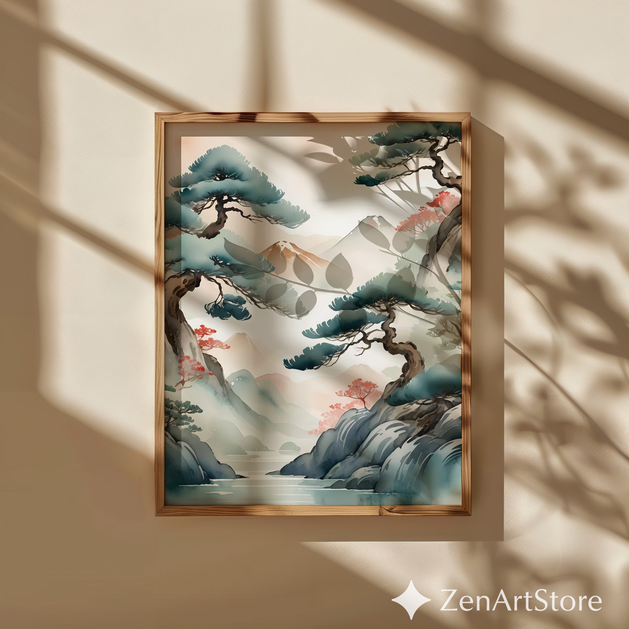 Serene Japandi Pine Landscape Wall Art - Zen Watercolor Mountain Print, Minimal Japanese Botanical Home Decor