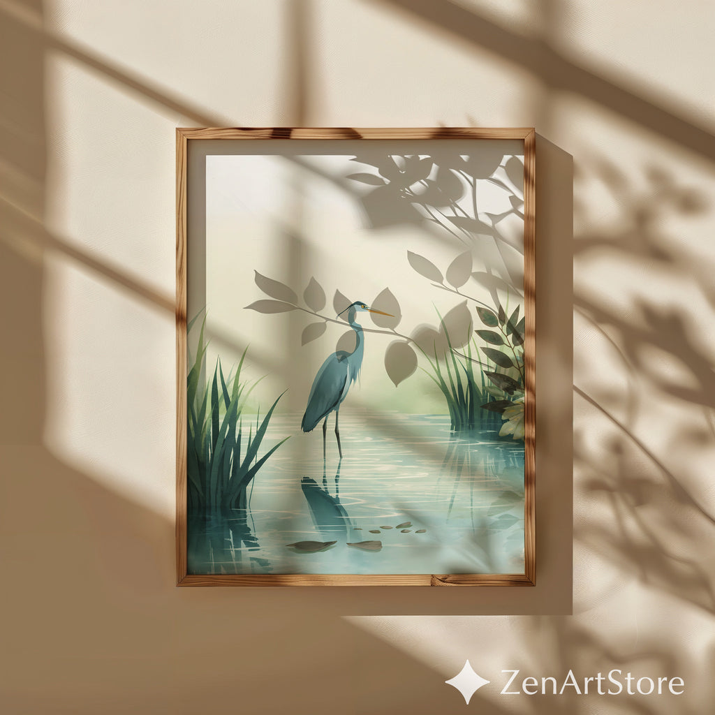 Calm Heron Wetland Wall Art - Minimal Botanical Bird Print for Japandi & Scandinavian Neutral Home Decor