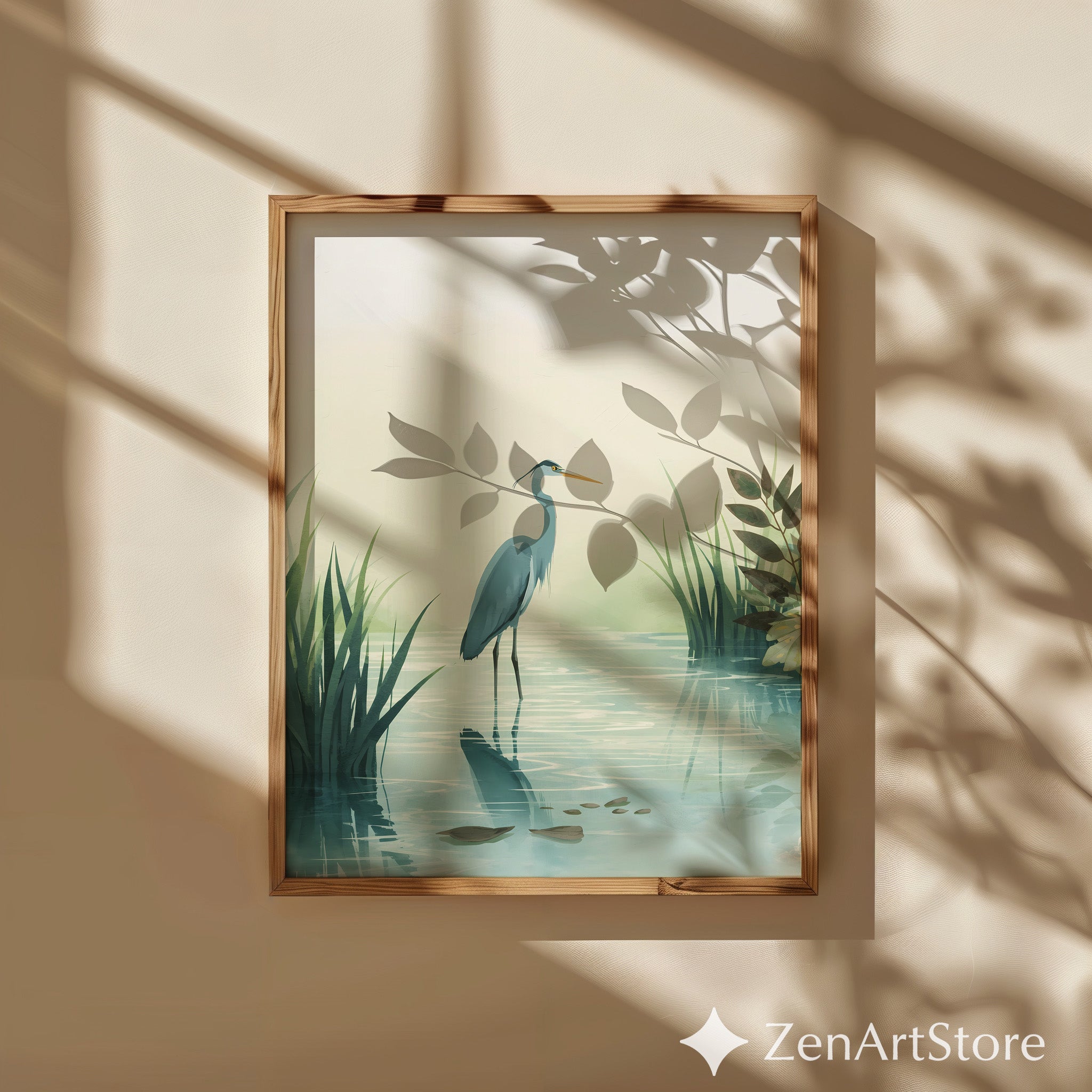 Calm Heron Wetland Wall Art - Minimal Botanical Bird Print for Japandi & Scandinavian Neutral Home Decor
