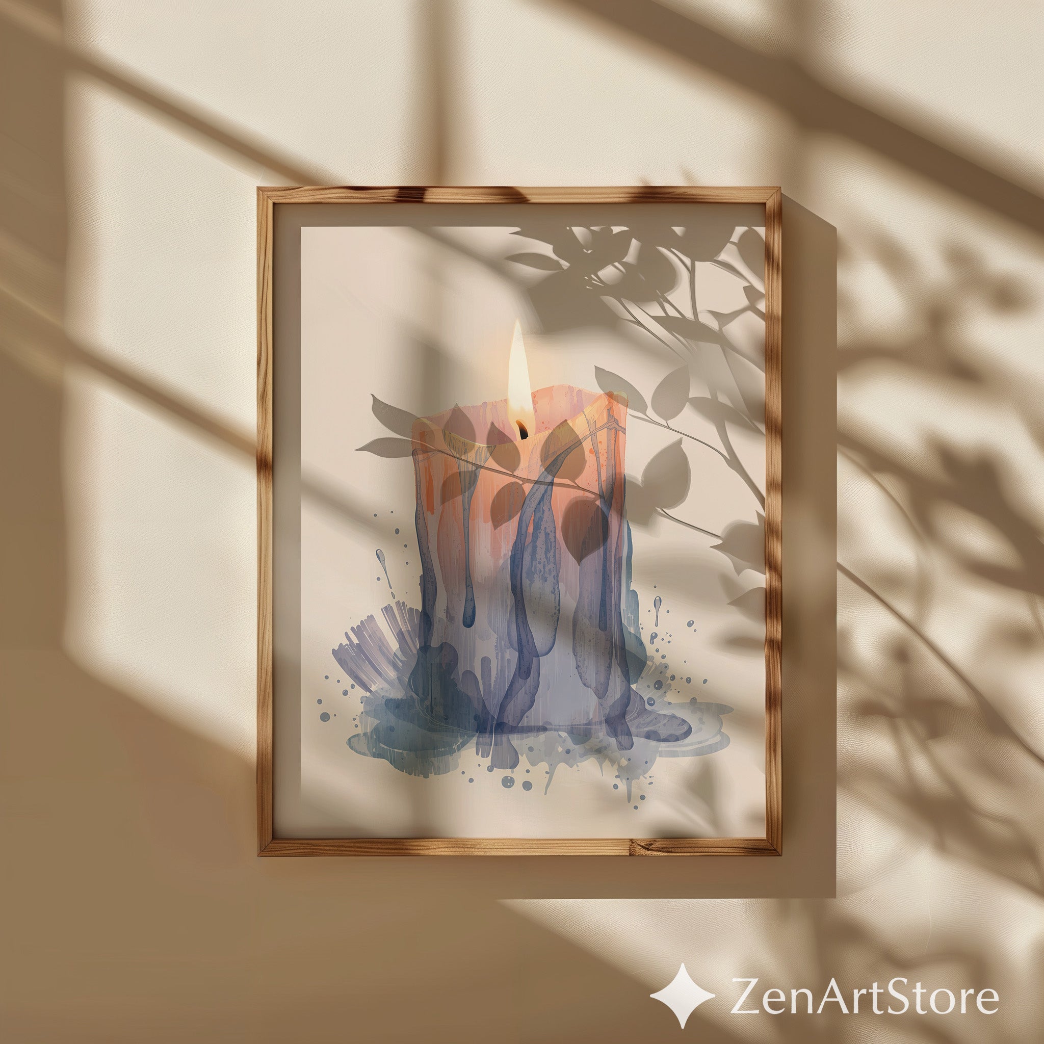 Melting Candle Minimal Art Print - Wabi Sabi Japandi Neutral Wall Decor, Beige Blue Abstract Candle Painting