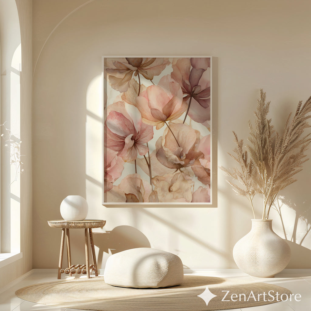 Blush Floral Wall Art Print - Soft Pink Beige Botanical Canvas for Neutral Japandi, Minimal Home Decor