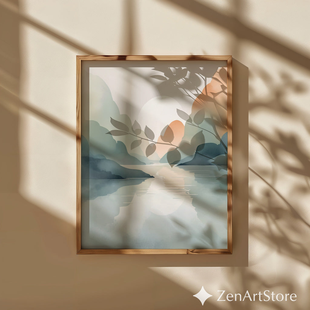 Serene Pastel Mountain Landscape Print – Minimal Japandi Wall Art, Calm Neutral Abstract Sunset