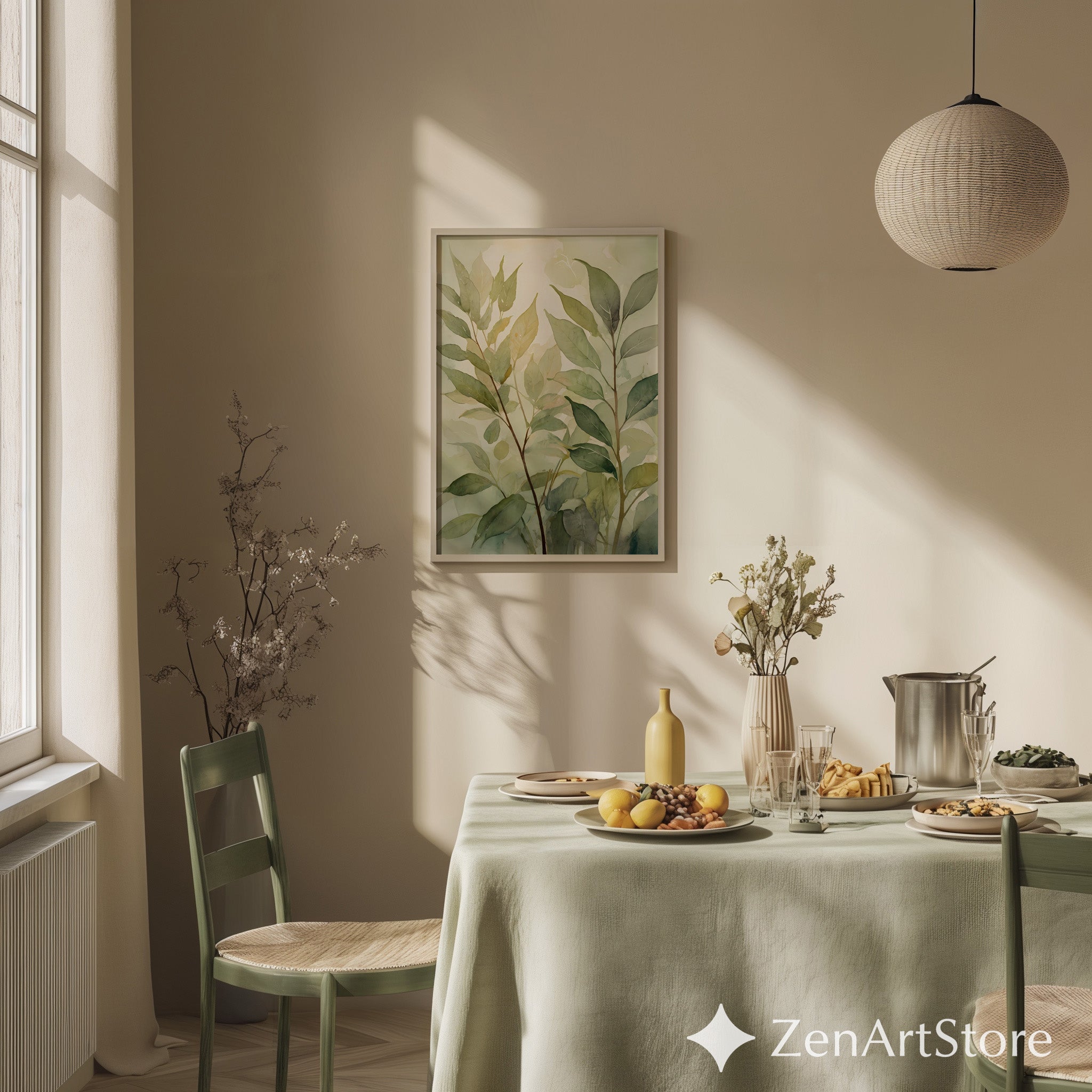 Soft Green Botanical Watercolor Print - Neutral Leaf Wall Art for Japandi, Scandinavian & Minimal Home Decor