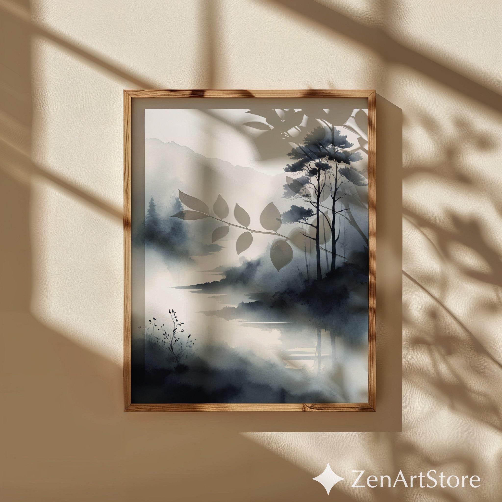 Misty River Landscape Print - Minimal Black & White Watercolor Wall Art, Zen Japandi Wabi Sabi Home Decor