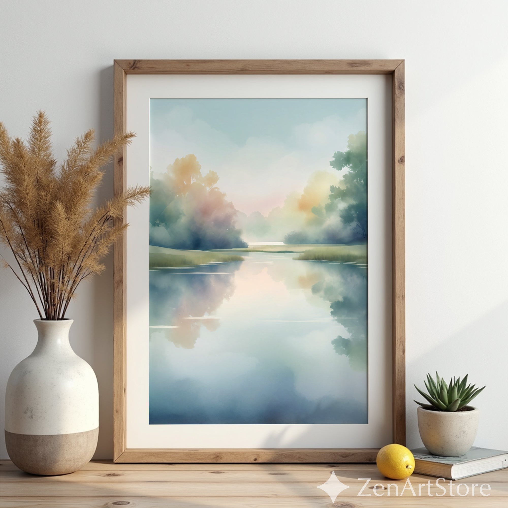 Misty Lake Watercolor Print – Serene Pastel Landscape Wall Art for Zen, Japandi & Scandinavian Home Decor