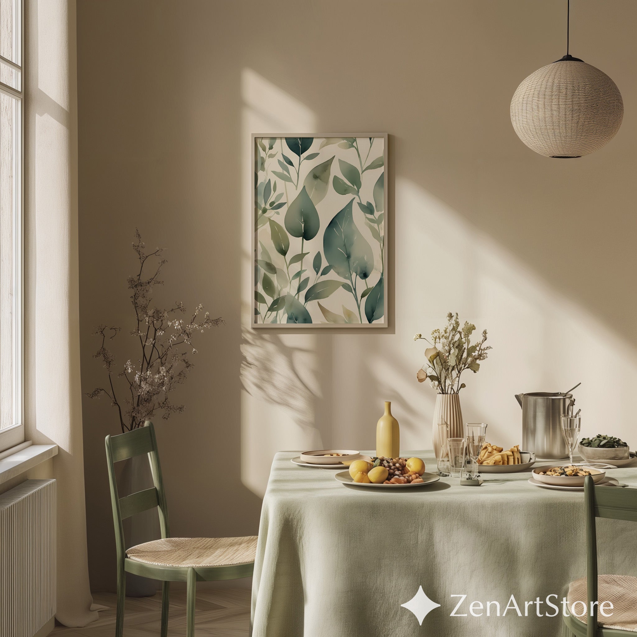 Calming Green Botanical Watercolor Leaf Print - Minimal Neutral Wall Art for Scandinavian Japandi Home Decor