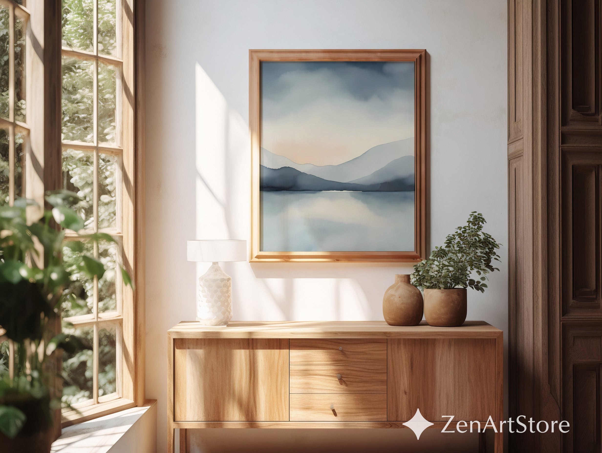 Zen Minimal Japanese Mountain Lake Printable Wall Art - Calm Abstract Landscape