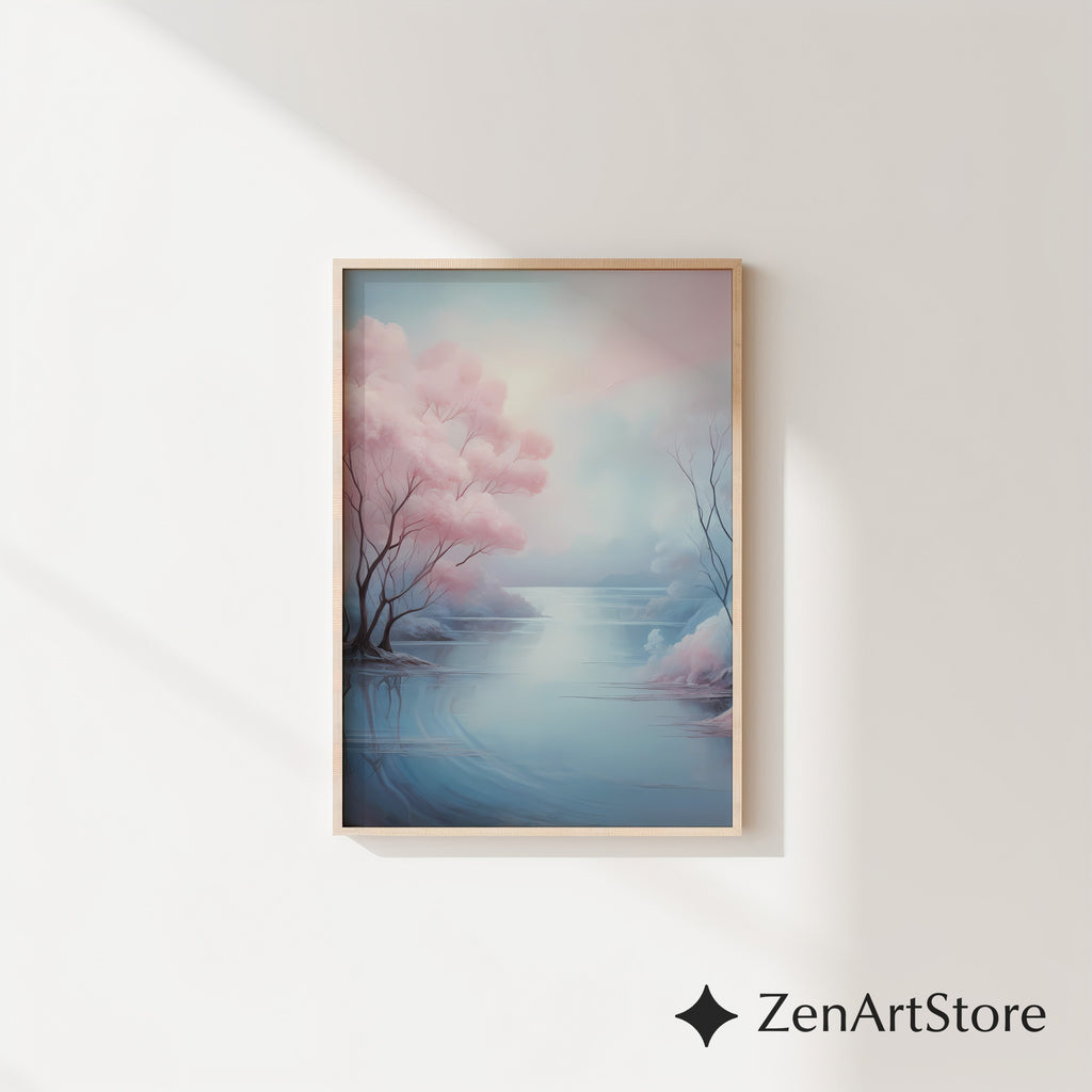 Serene Pastel Landscape Art Print - Pink Tree Lake Wall Art, Zen Minimal Japandi Home Decor