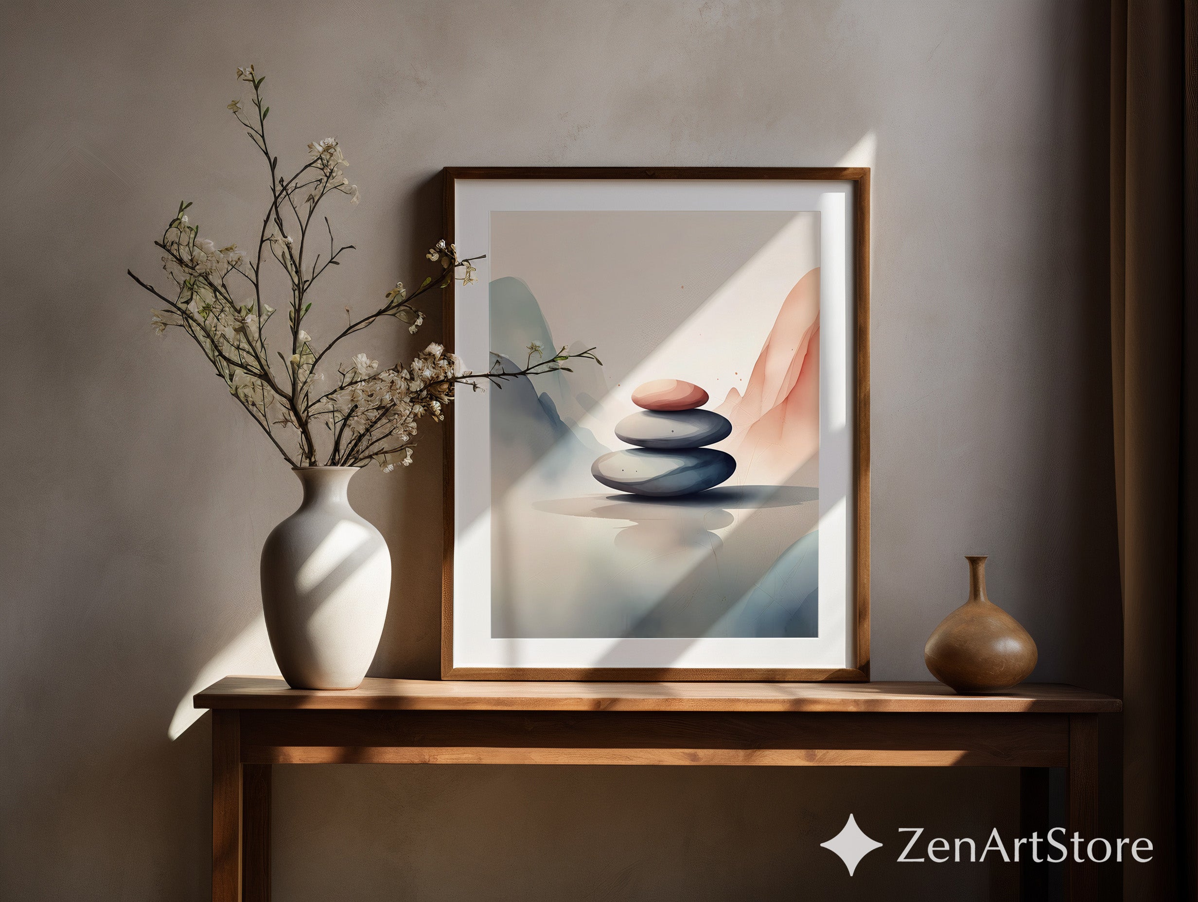 Zen Stone Stack Wall Art - Minimal Neutral Abstract Landscape Print, Japandi Wabi Sabi Home Decor
