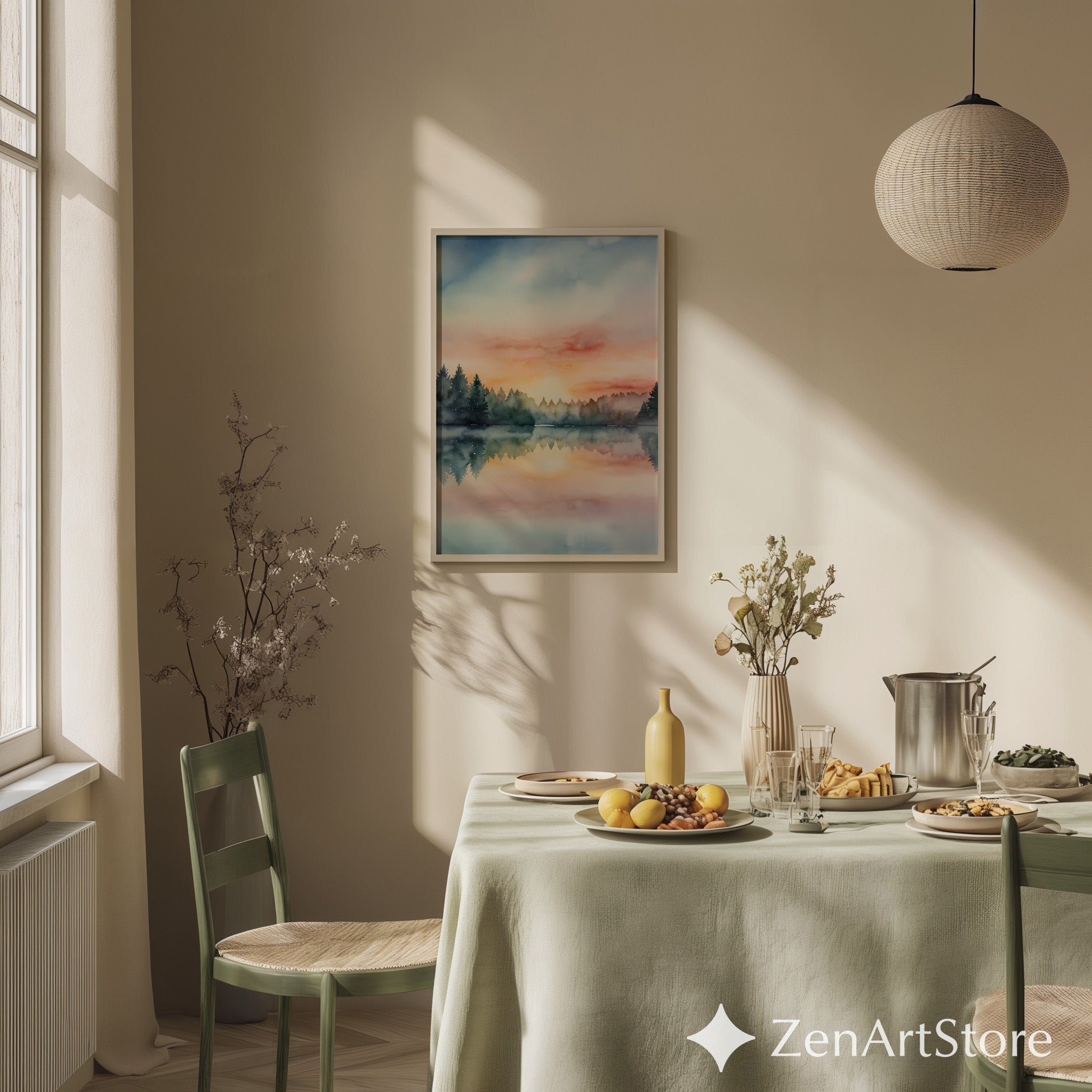 Serene Forest Lake Watercolor Sunset Print - Pastel Landscape Wall Art for Living Room & Bedroom, Japandi Minimal Decor