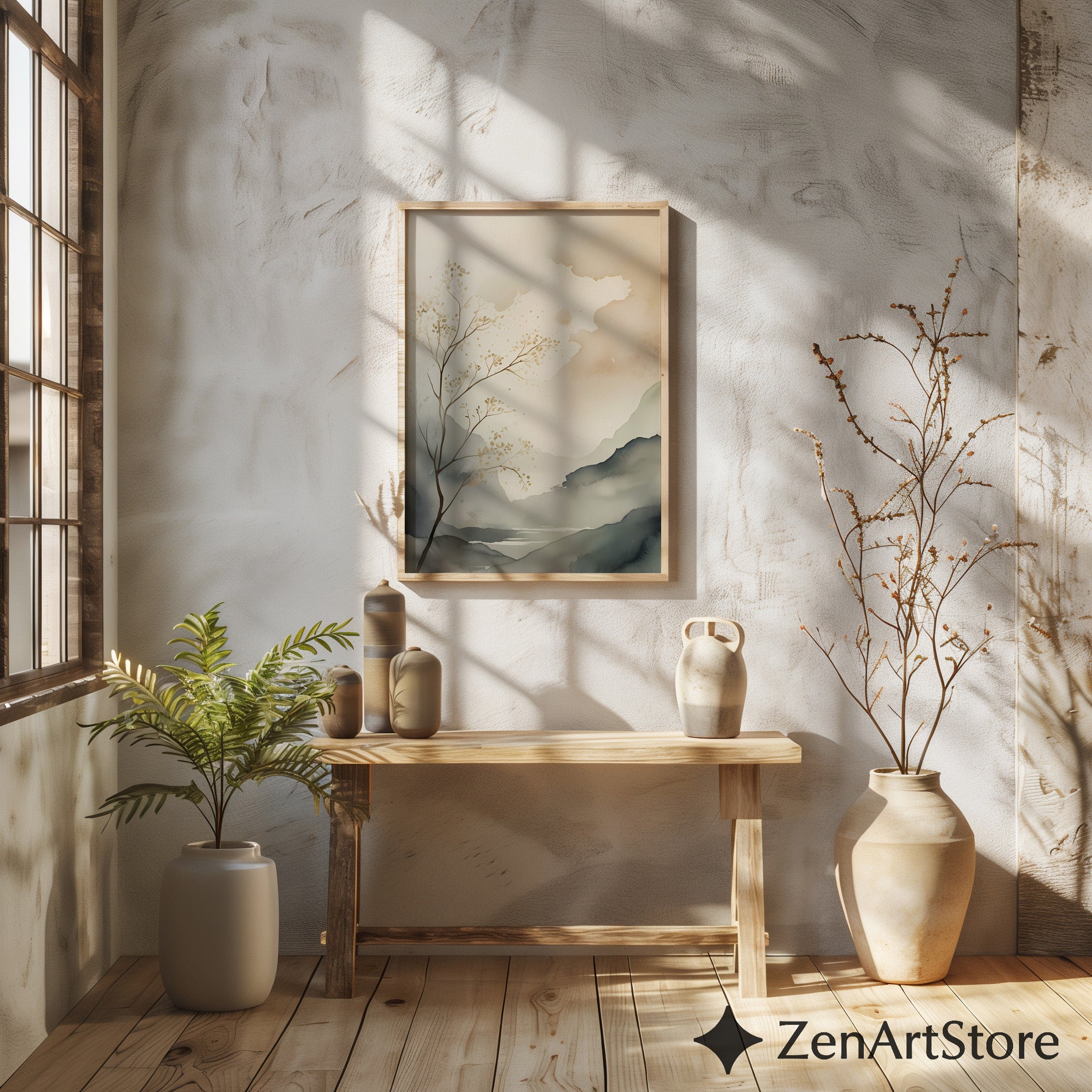 Calm Neutral Landscape Art Print - Minimal Japandi Wabi Sabi Botanical Wall Decor for Living Room & Bedroom