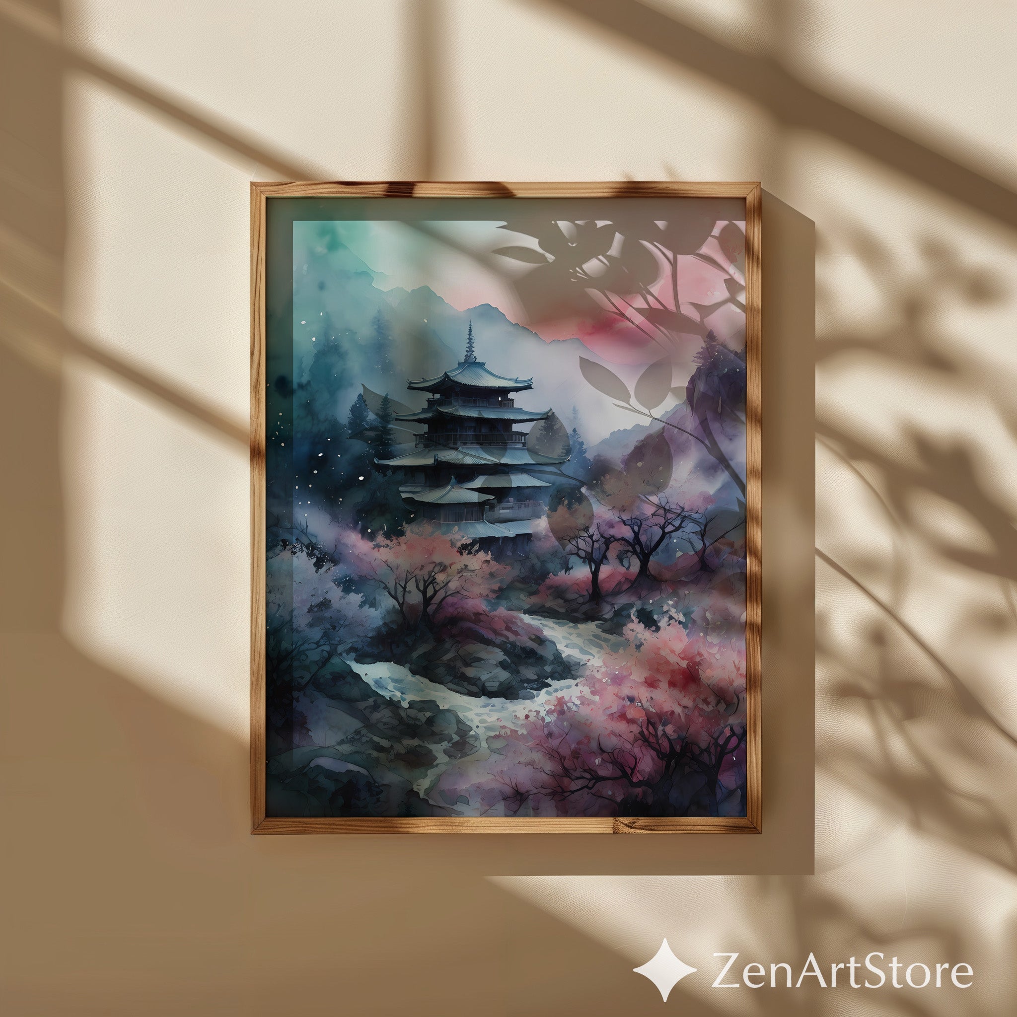 Serene Japanese Pagoda Print with Cherry Blossoms - Watercolor Zen Landscape Wall Art for Home