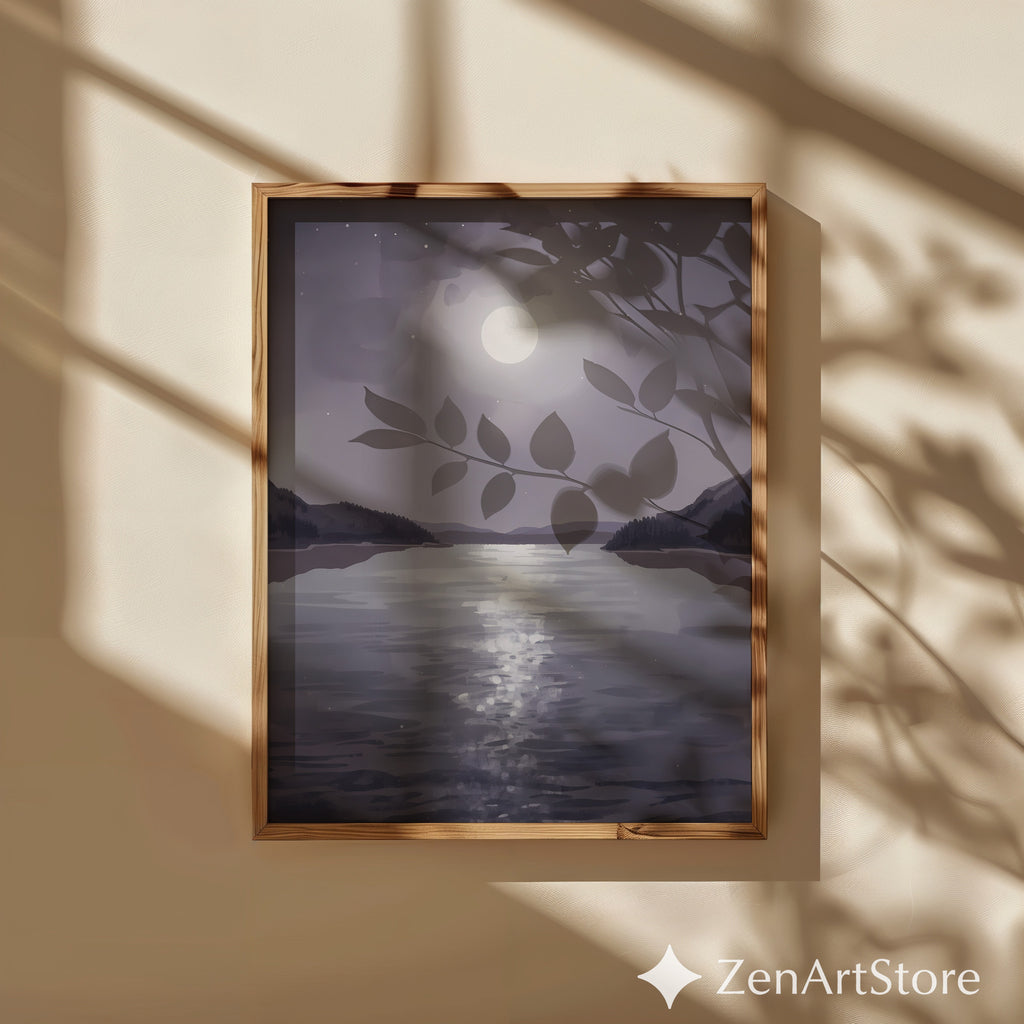 Moonlit Lake Minimalist Wall Art - Calming Neutral Landscape Print for Bedroom, Living Room, Japandi & Scandinavian Decor