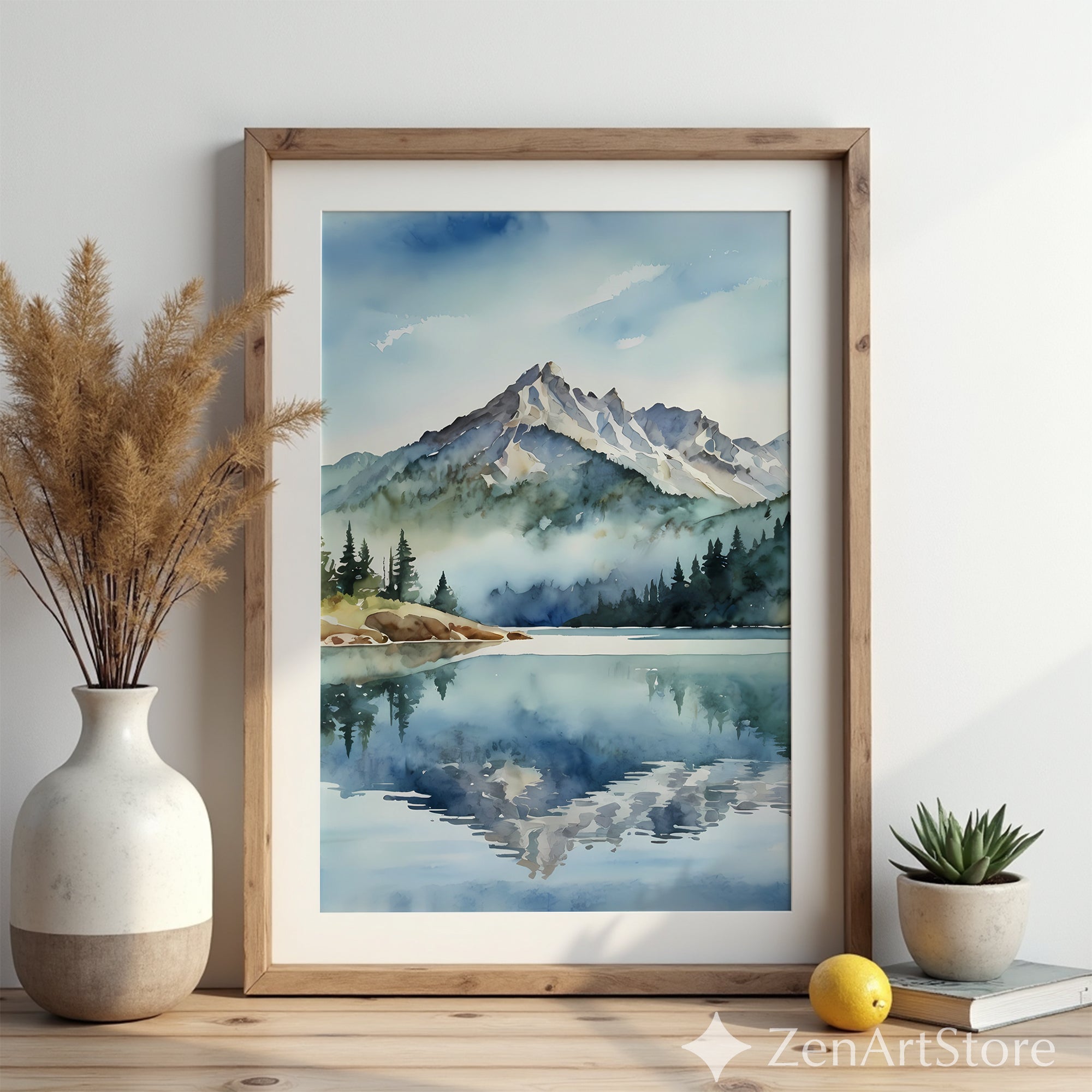Mountain Watercolor Print Lake Reflection Wall Art - Calm Japandi Scandinavian Landscape for Living Room & Bedroom