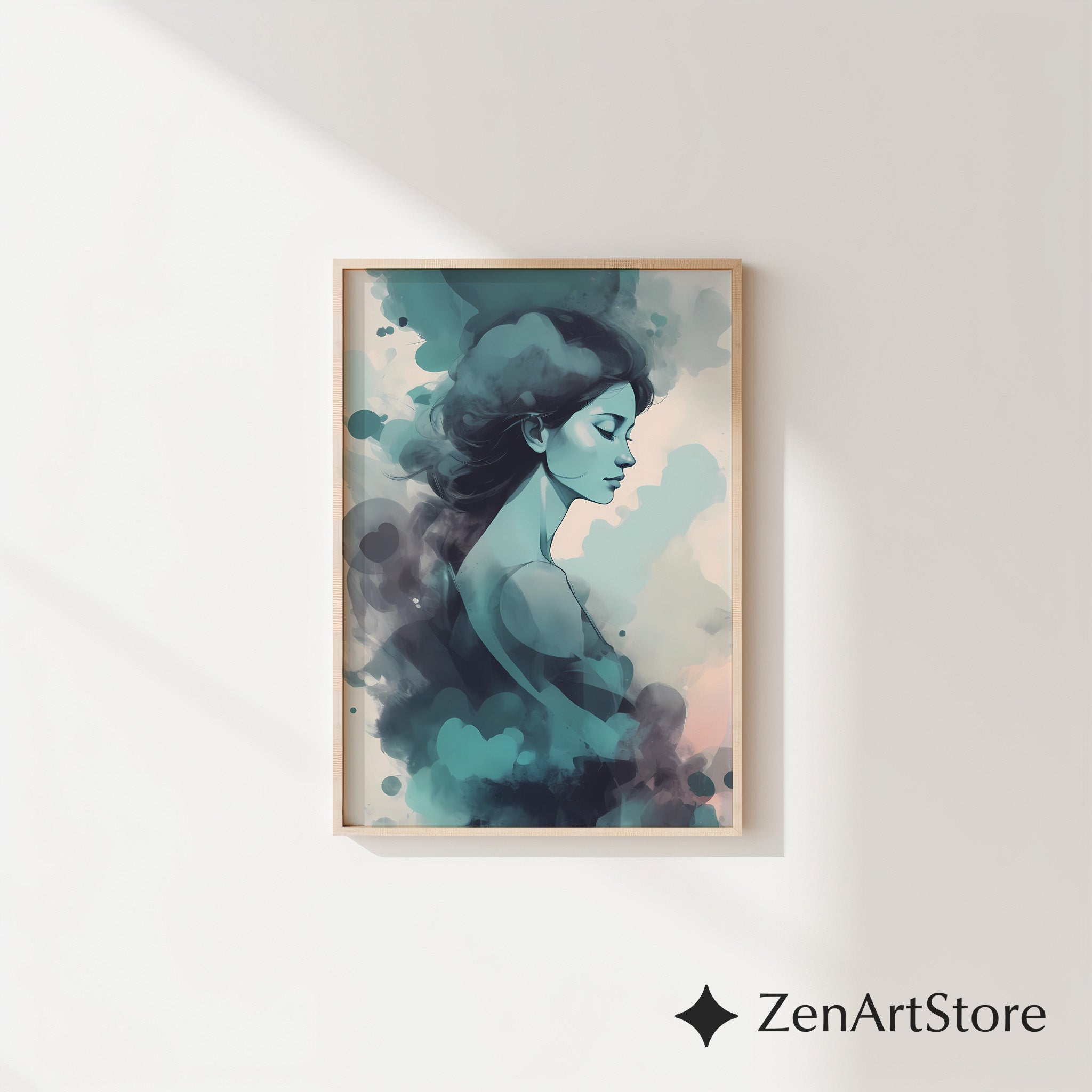 Dreamy Teal Woman Abstract Portrait Art Print - Calm Minimal Wall Art for Bedroom, Living Room, Japandi & Scandinavian Decor