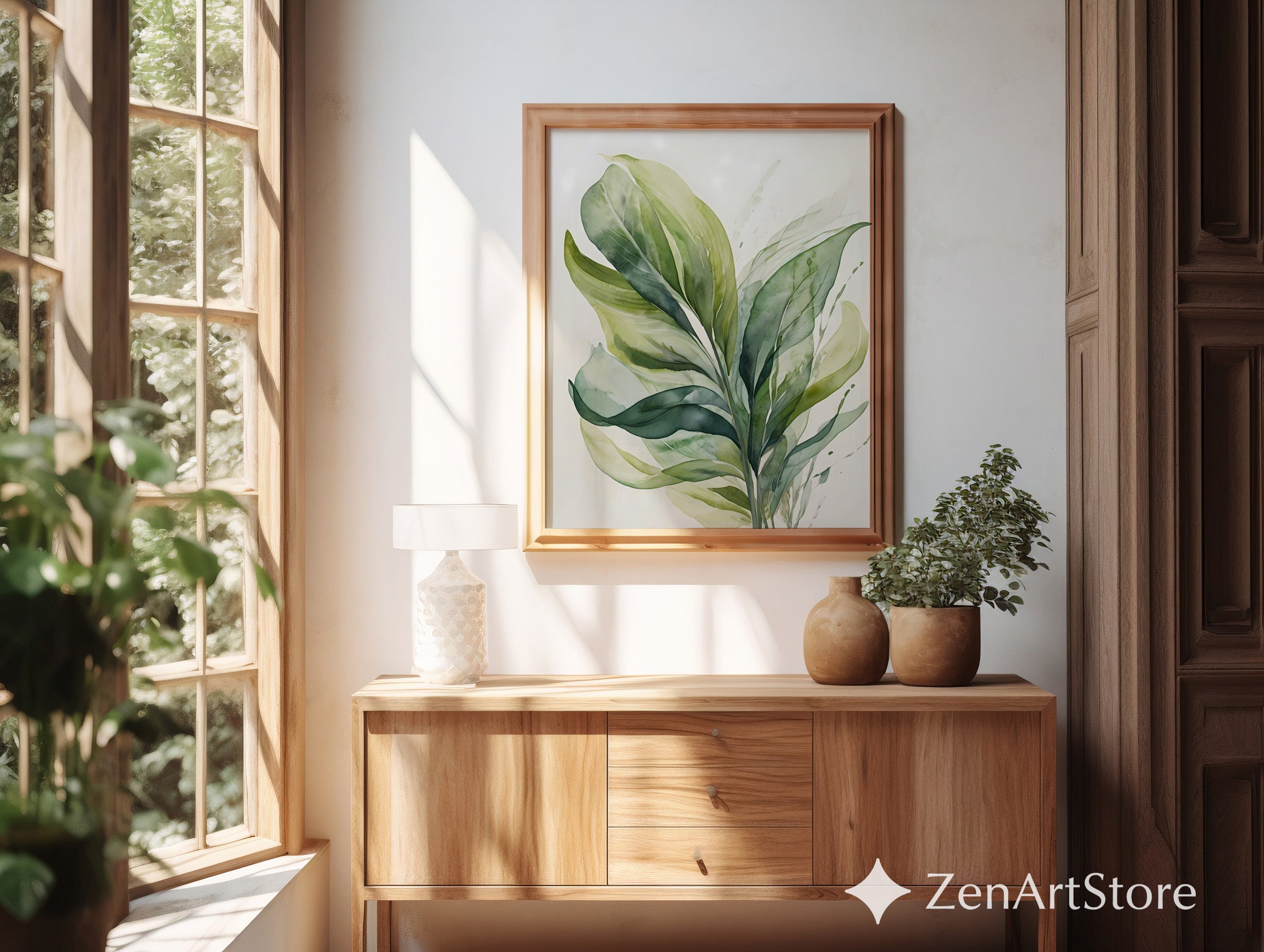 Green Leaf Watercolor Print - Minimal Botanical Wall Art for Japandi, Scandinavian Neutral Home Decor