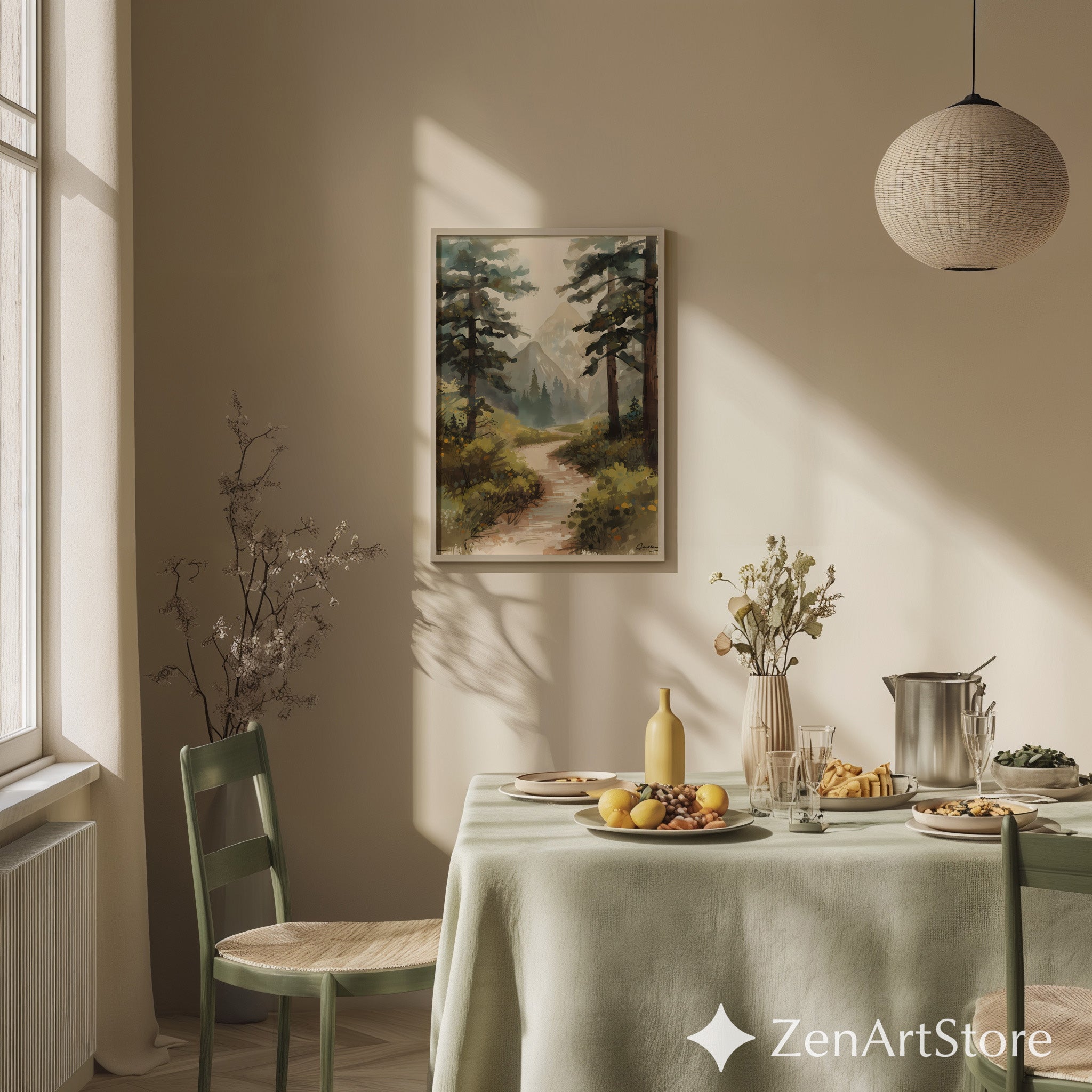 Misty Mountain Path Landscape Art Print - Calm Neutral Forest Painting for Living Room, Bedroom or Cabin Decor