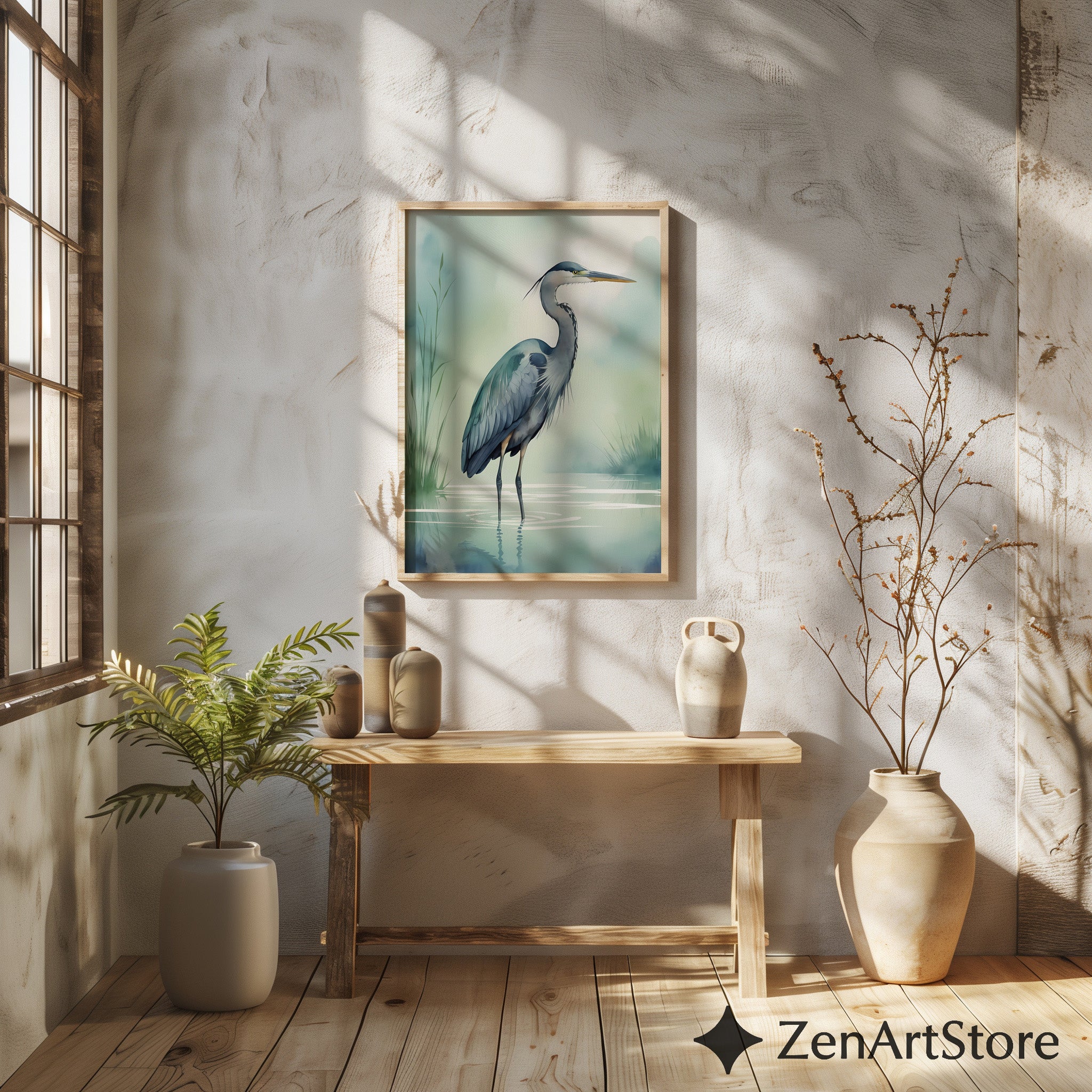 Tranquil Heron Wall Art - Minimal Blue Heron Print, Zen Coastal Nursery Decor, Japandi Nature Wall Decor