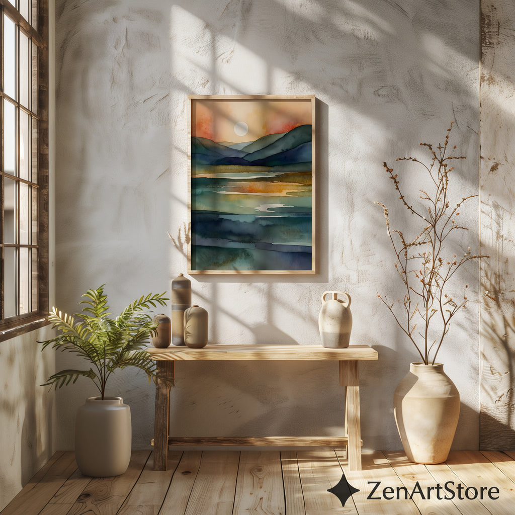Serene Watercolor Landscape Print - Sunlit Mountains & Lake, Abstract Japandi Wall Art in Teal Blue & Warm Beige
