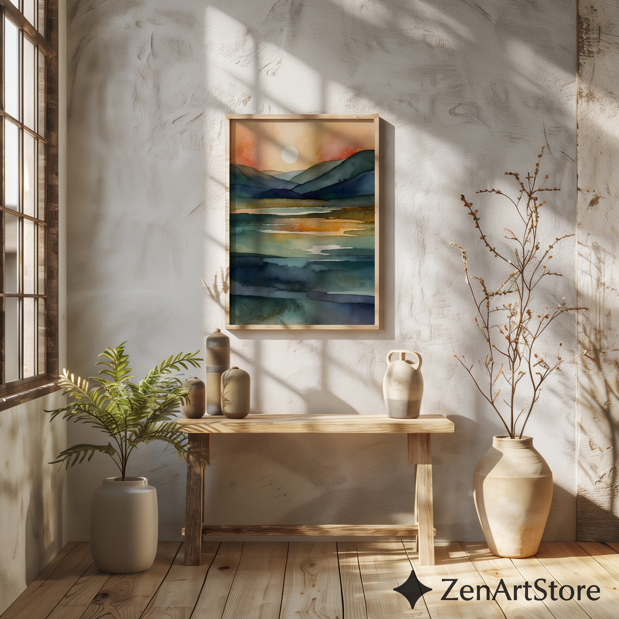 Serene Watercolor Landscape Print - Sunlit Mountains & Lake, Abstract Japandi Wall Art in Teal Blue & Warm Beige